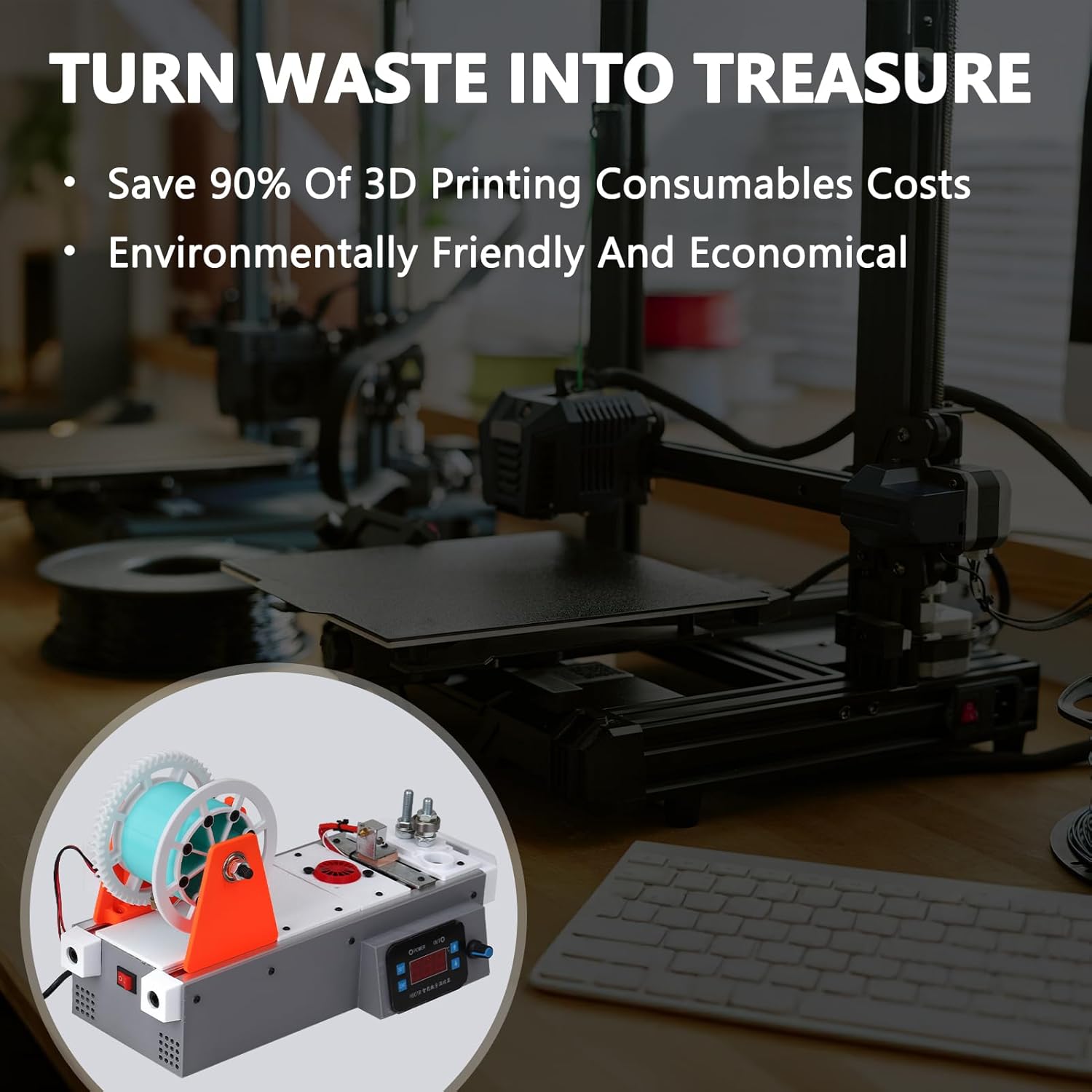 3D Printing Filament Making Machine, Desktop 3D Printer Extruder Filament Maker with Digital Display, Temperature/Speed Adjustable, Recycling PET Plastic Bottle into 3D Printing Filament (Orange)