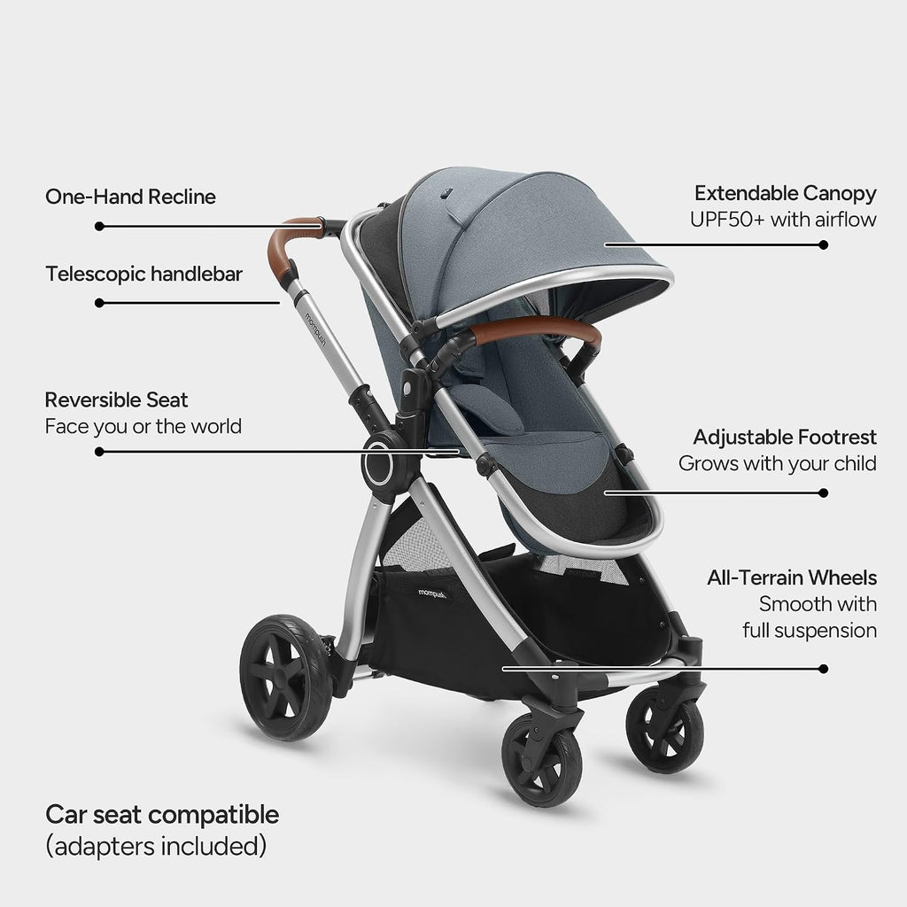 Mompush Ultimate2 Baby Stroller, Premium Convertible Full-Size Stroller for Toddler, Reversible Seat with One Hand Recline Adjustment, Car Seat Adapter Included