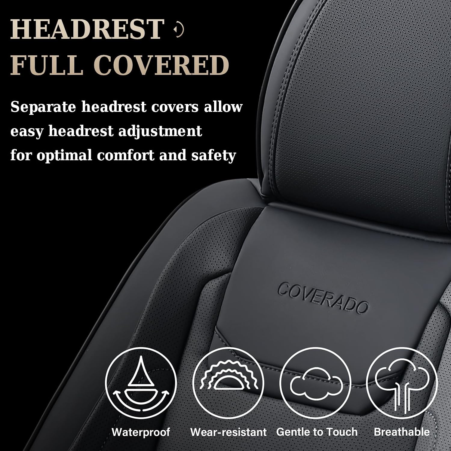 Coverado Car Seat Covers Full Set, Seat Covers for Cars, Car Seat Protector Waterproof, Leather Car Seat Cushion, Universal Interior Covers Seat Protectors for Most Cars Black