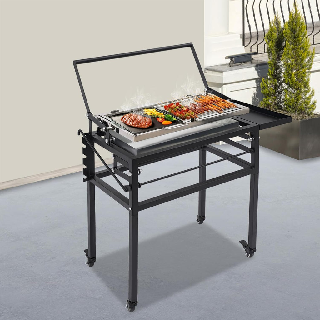 Charcoal Flip Grill, 360° Rotating Barbecue Grill for Camping with Adjustable Charcoal Tray & Clip Grid Portable Outdoor BBQ Grill On Wheels with Detachable Legs and Side Condiment Area