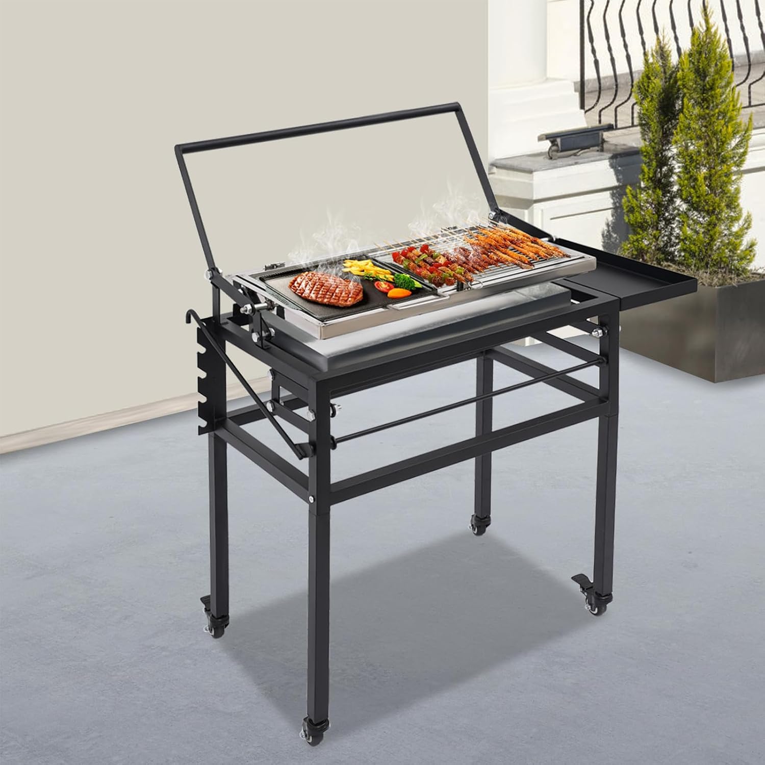 Charcoal Flip Grill, 360° Rotating Barbecue Grill for Camping with Adjustable Charcoal Tray & Clip Grid Portable Outdoor BBQ Grill On Wheels with Detachable Legs and Side Condiment Area