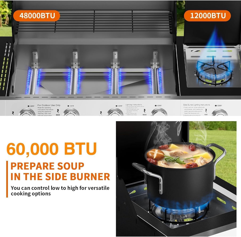 SKOK Led 4-Burner Gas BBQ Grill with Side Burner Led Knob, Barbecue Grill with Porcelain-Enameled Cast Iron Grates, 60,000 BTU Stainless Steel Propane Grill 629 Sq. In. Grilling Area