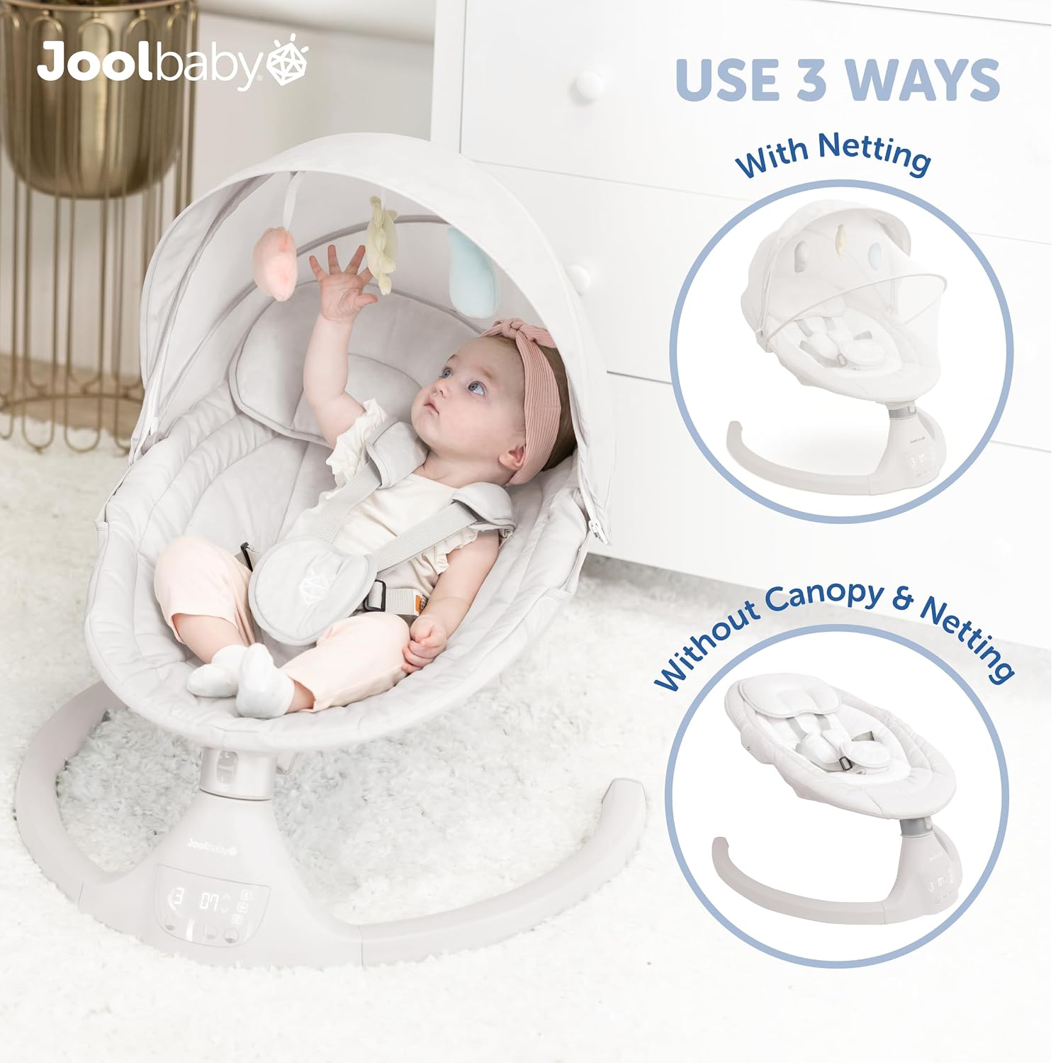 Jool Baby Nova Swing for Newborns - Electric Motorized Infant Swing, Bluetooth Music, 10 Preset Melodies, Remote (Updated Model, Stone)