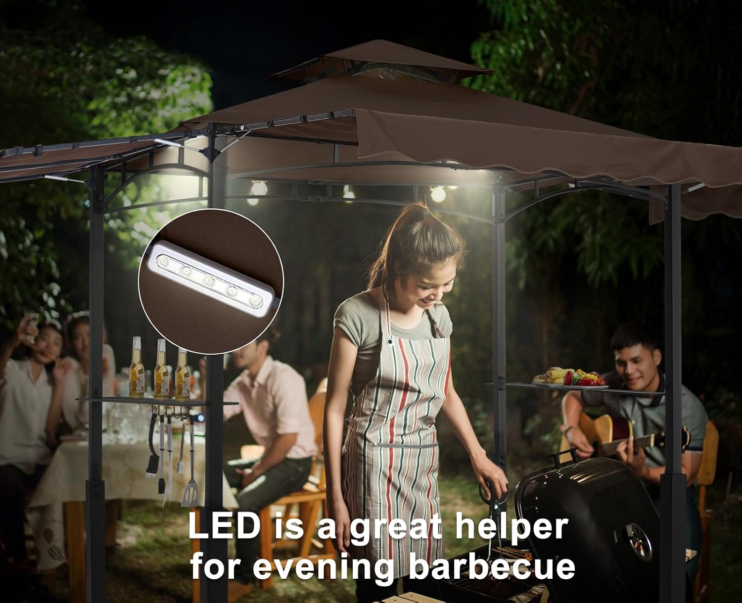 ABCCANOPY Grill Gazebo with Extra Awning on Three Sides - 5'x14' Outdoor Grill Canopy BBQ Gazebo Barbecue Canopy with LED Lights for Backyard, Lawn and Patio (Brown)