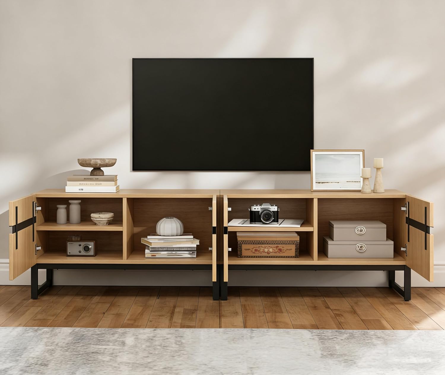 WAMPAT Modern TV Stand for 50-75 Inch TVs, Wood Entertainment Center with Metal Base Storage Cabinets, Media TV Console for Living Room, Oak, 2Pcs
