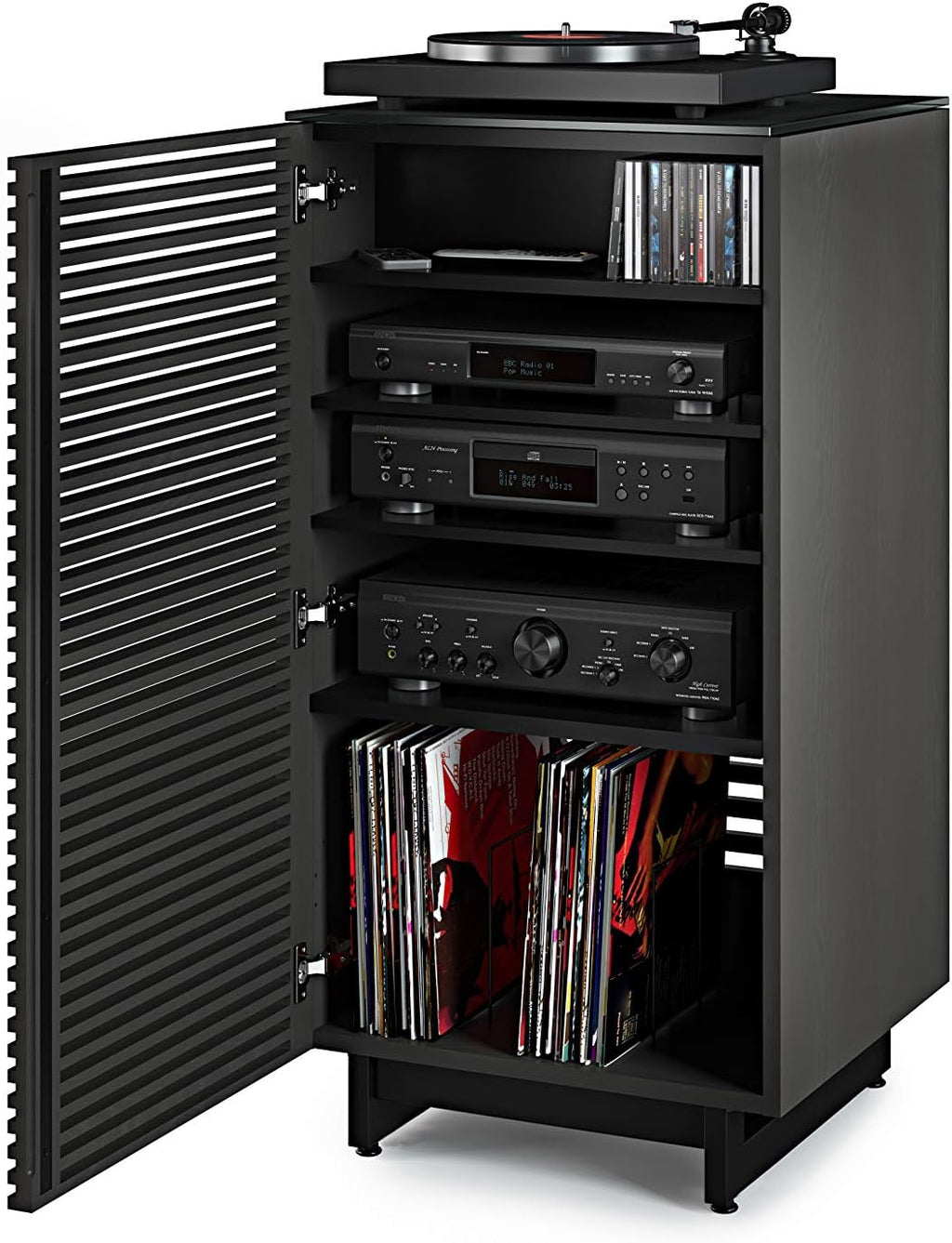 BDI Furniture Corridor 8172-22'' Audio Cabinet with Flow-Through Ventilation, Cable Management, Adjustable Shelves, Louvered Doors, Satin-Etched Tempered Glass Top, Charcoal Stained Ash