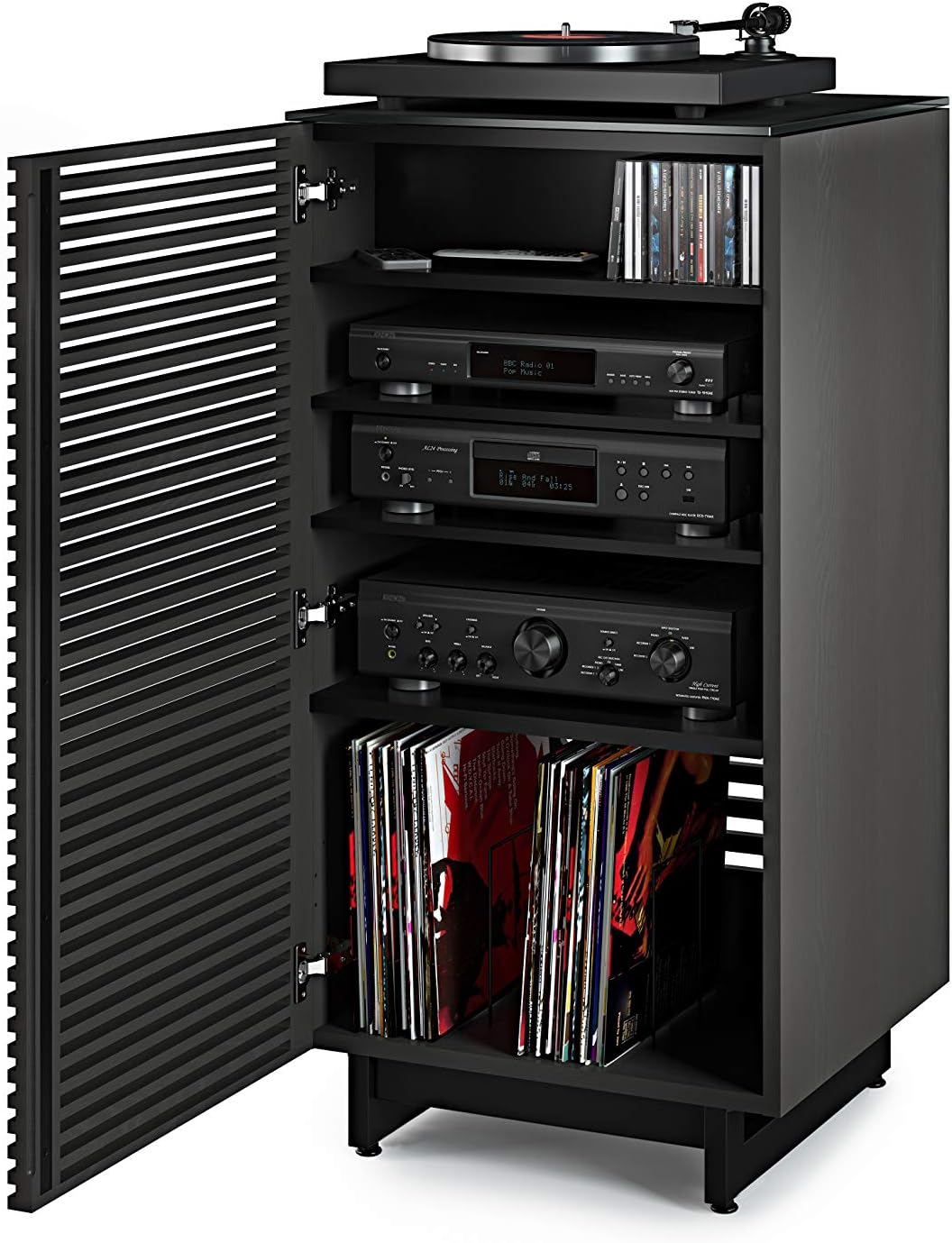 BDI Furniture Corridor 8172-22'' Audio Cabinet with Flow-Through Ventilation, Cable Management, Adjustable Shelves, Louvered Doors, Satin-Etched Tempered Glass Top, Charcoal Stained Ash