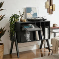 Record Player Stand with Vinyl Storage, 32' Turntable Stand with Flip-Up Album Display, Mid Century Modern Black Vinyl Record Storage Cabinet, Audio Media Console Table with V-Shape Legs