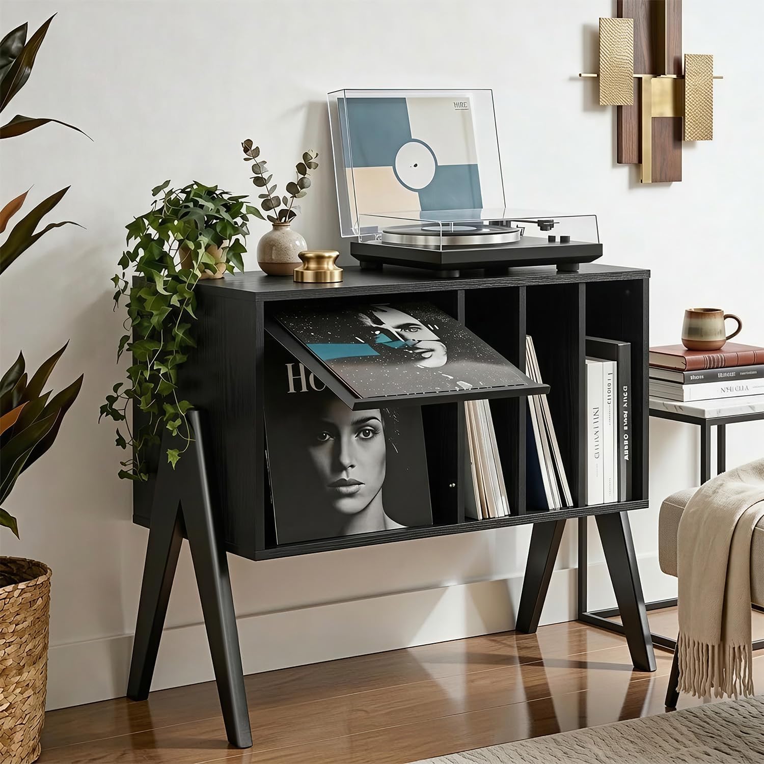 Record Player Stand with Vinyl Storage, 32' Turntable Stand with Flip-Up Album Display, Mid Century Modern Black Vinyl Record Storage Cabinet, Audio Media Console Table with V-Shape Legs
