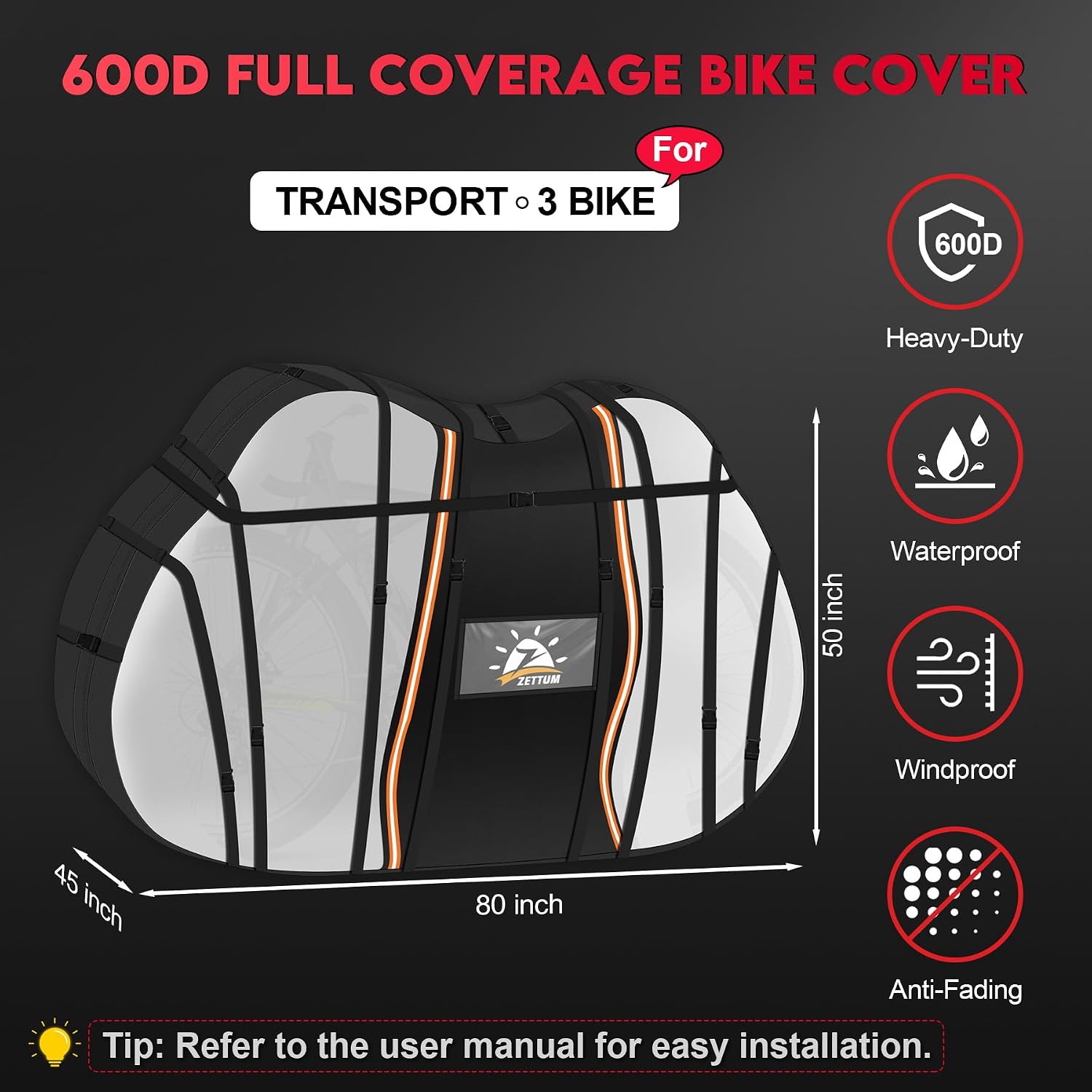 Zettum Bike Cover for Transport 3 Bike - 600D Travel Bike Covers for Bikes on Rear Bike Rack Waterproof & Heavy Duty, Outdoor Full Bicycle Rack Cover for 3 Bikes on Car Hitch Storage (Clear)