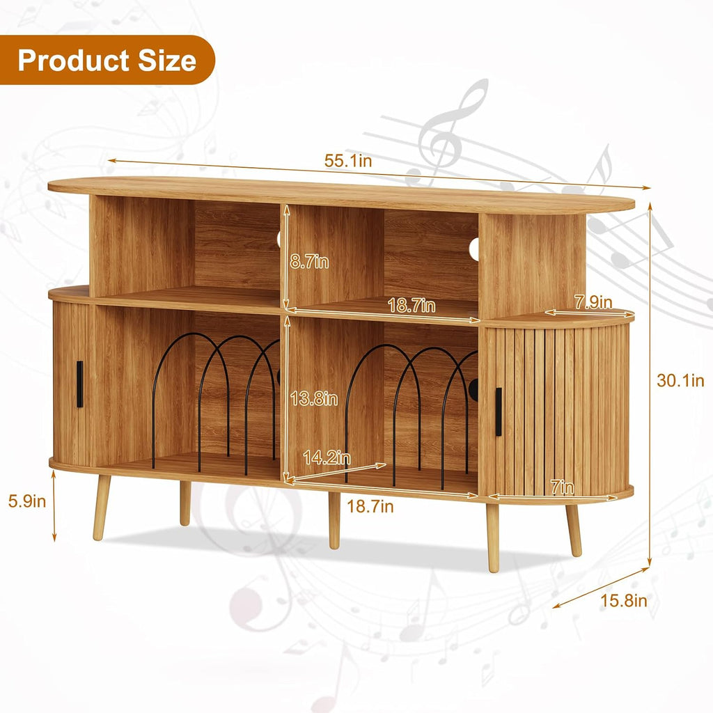 55.1' Wide Record Player Stand with Storage - Vinyl Record Storage Cabinet & Media Console Holds 300+ Records, Mid Century Modern Turntable Stand for Living Room (Natural, 55.1')