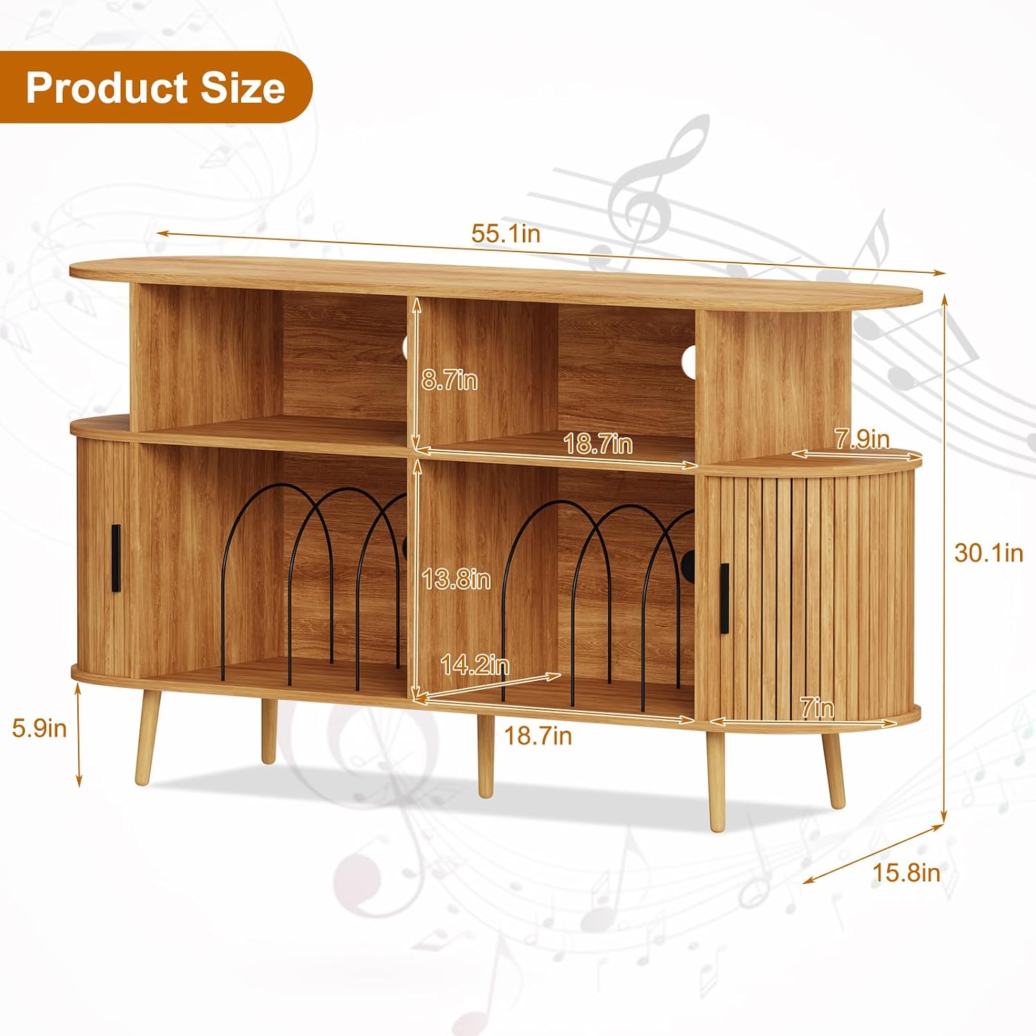 55.1' Wide Record Player Stand with Storage - Vinyl Record Storage Cabinet & Media Console Holds 300+ Records, Mid Century Modern Turntable Stand for Living Room (Natural, 55.1')