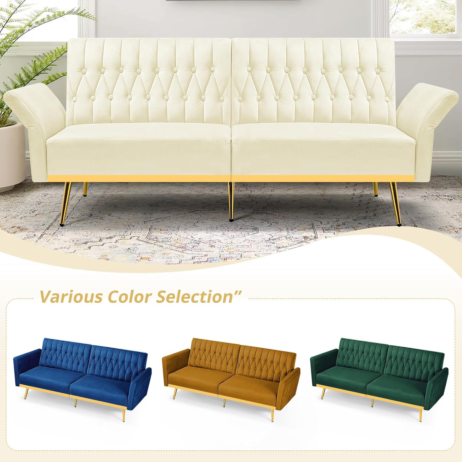 70' Velvet Futon Sofa Bed with 2 Pillows and Adjustable Armrests, Convertible Sleeper Bed W/Adjustable Backrests, Modern Loveseat for Living Room, Bedroom, Beige