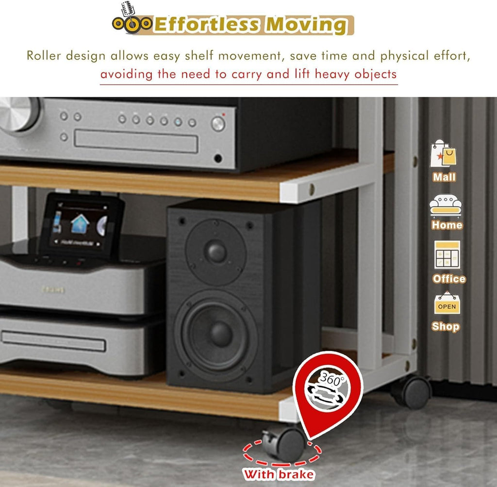 Heavy Duty Wooden Av Media Stand/Hi-fi Rack AudioTower W/Wheels, 5 Tier Audio Rack, for Vocals/Record Player/Stereo Receiver, Electronics Equipment Shelf