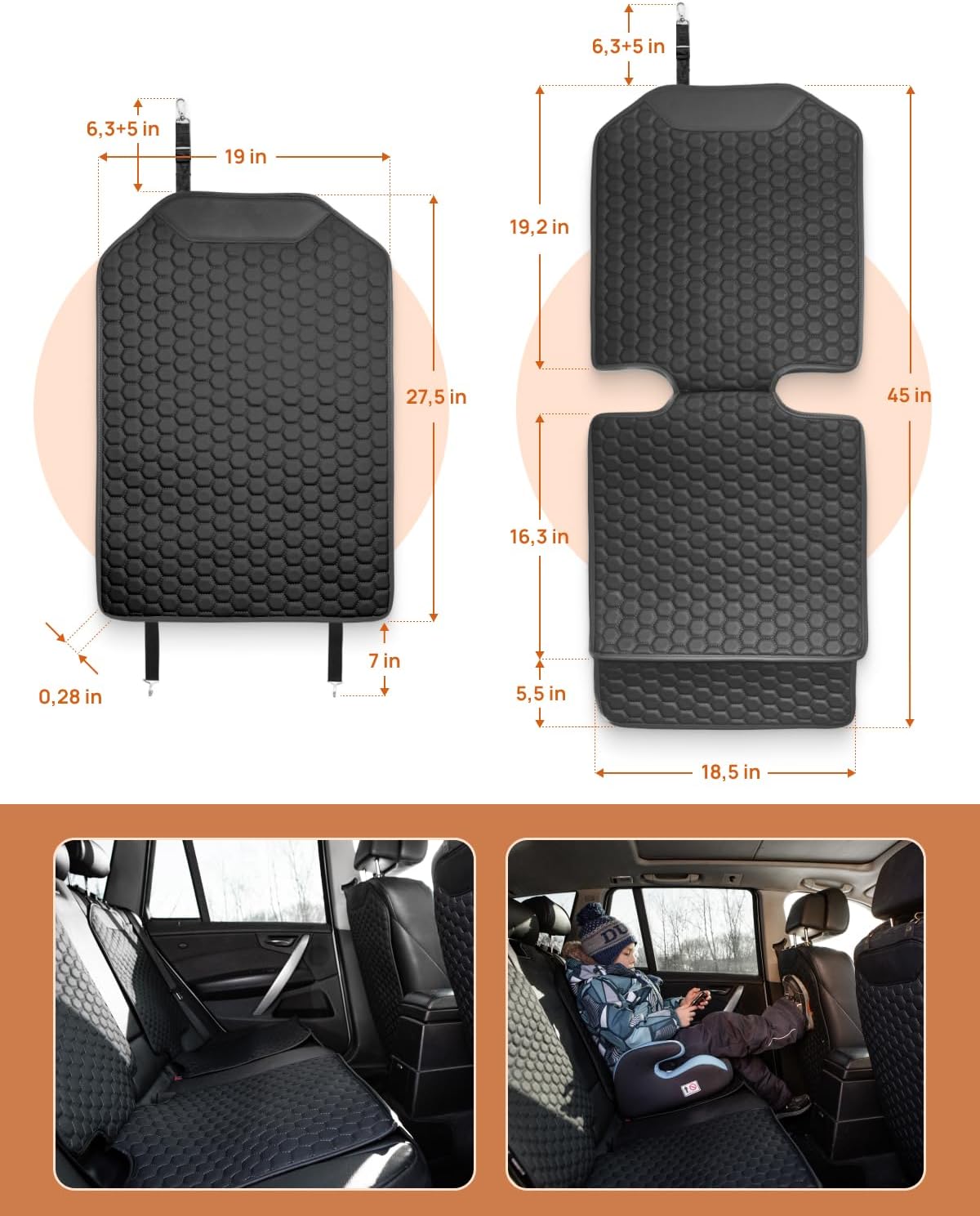 Owleys Set Seat Back Organizer & Car Seat Protector Hexy Waterproof & Non-Slip Protector for Child Car Cushion for Leather and Fabric Seats (Black Set 2)