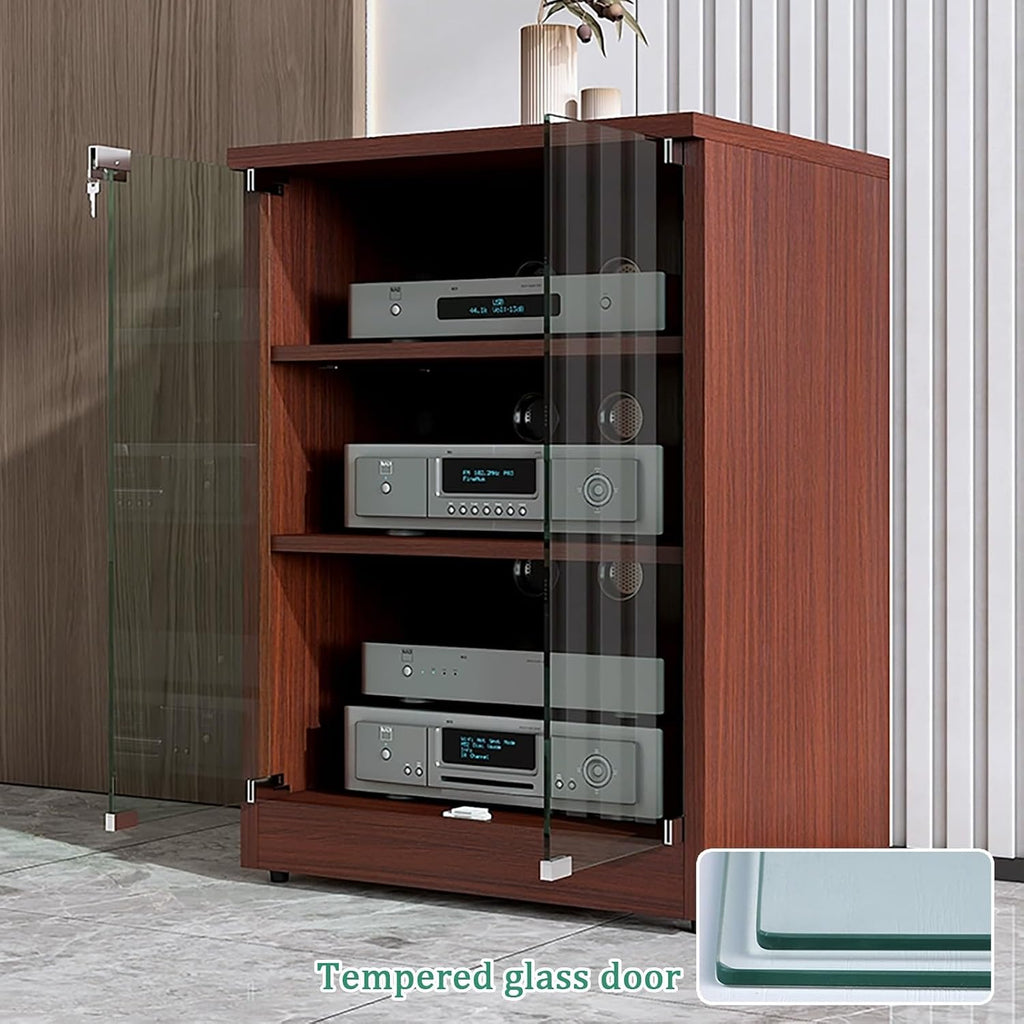 Modern Stereo Cabinet, 2-Tier Media Stand with Glass Doors, Adjustable Shelves, Cable Management, AV Storage Unit for TV & Audio Equipment (Black, 120x48x37cm)