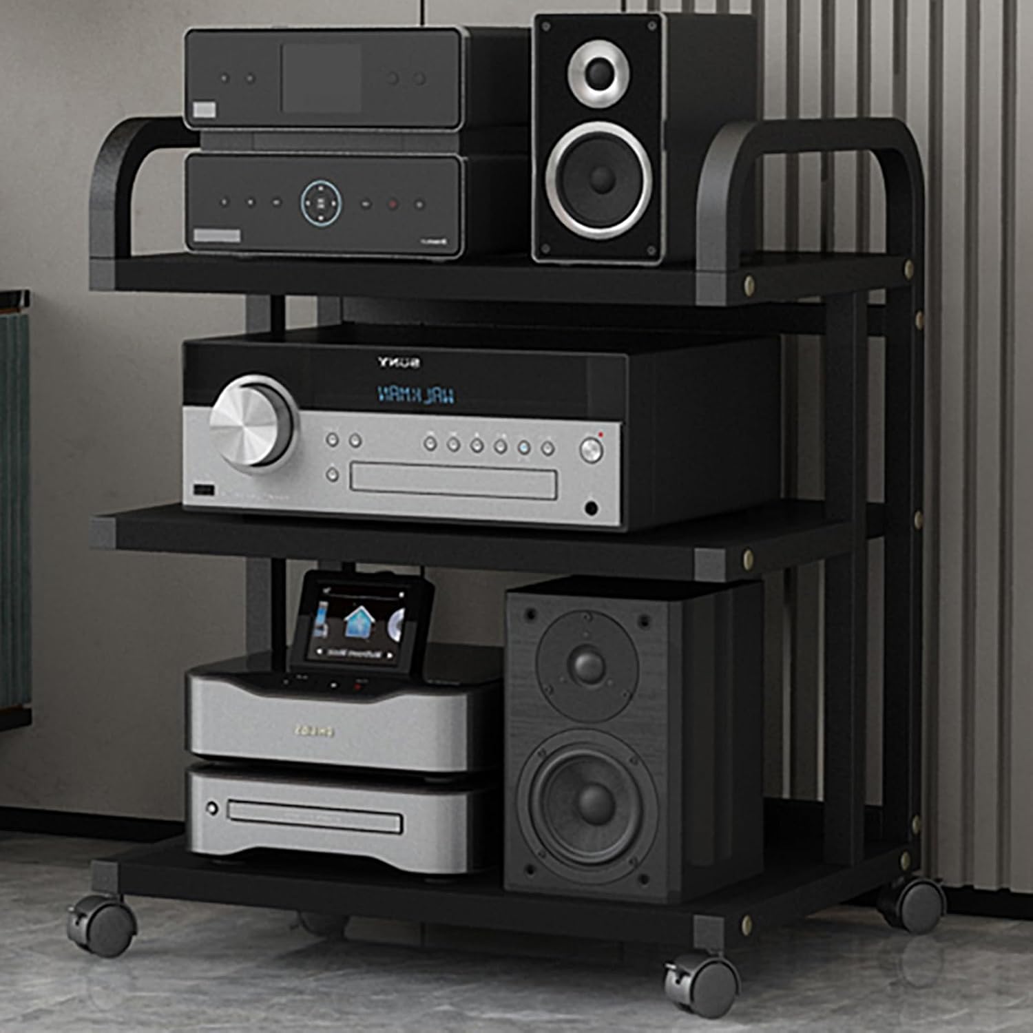Multimedia HiFi Stand with Wheels, 4-Tier Audio Storage Shelf, Carbon Steel Stereo Component Rack for Living Room & Bedroom, 35in Height, Modern Design