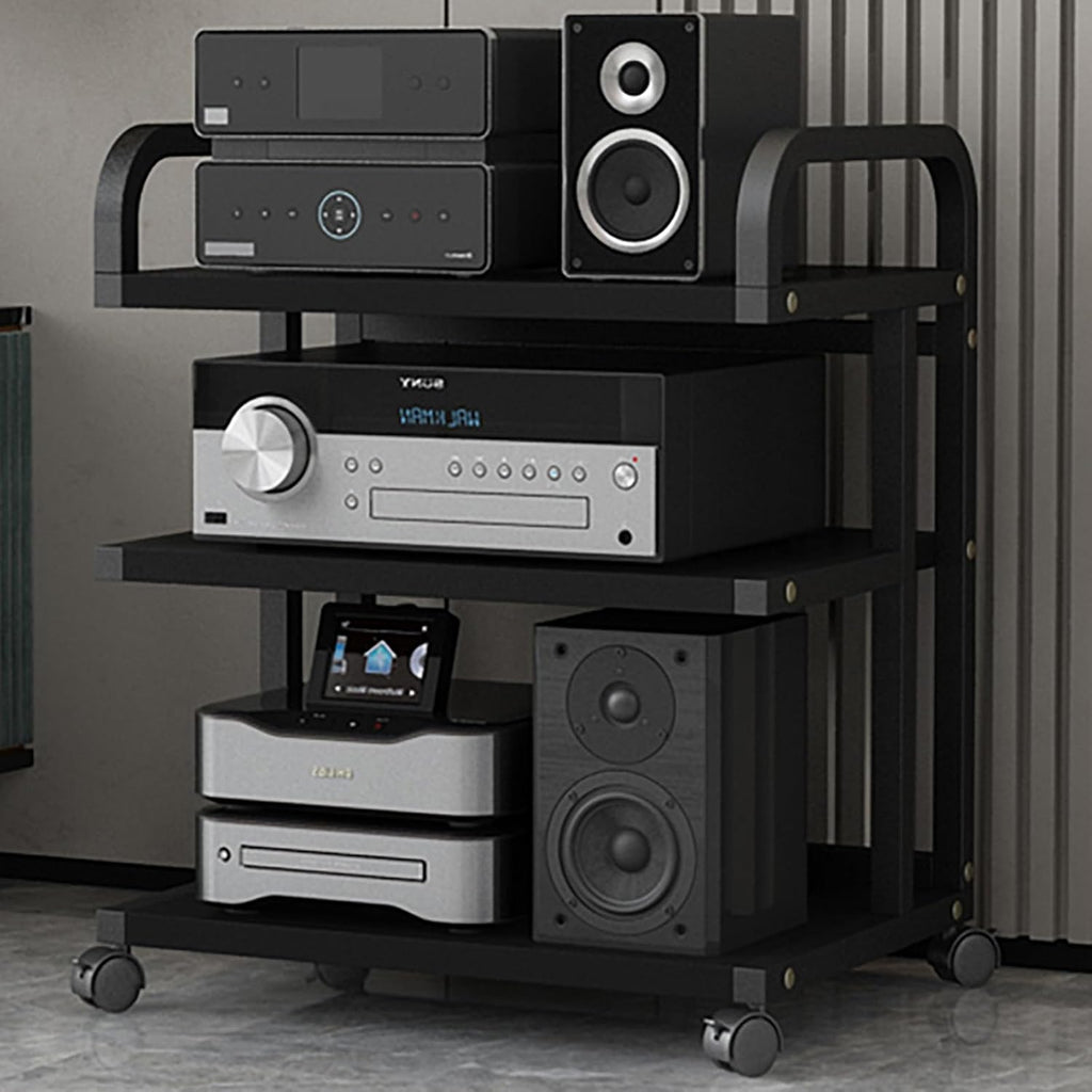 4-Tier Multimedia HiFi Stand with Wheels, Carbon Steel Audio Storage Shelf for Living Room & Bedroom, Stereo Component Rack, 90CM/35IN High, Adjustable Levels