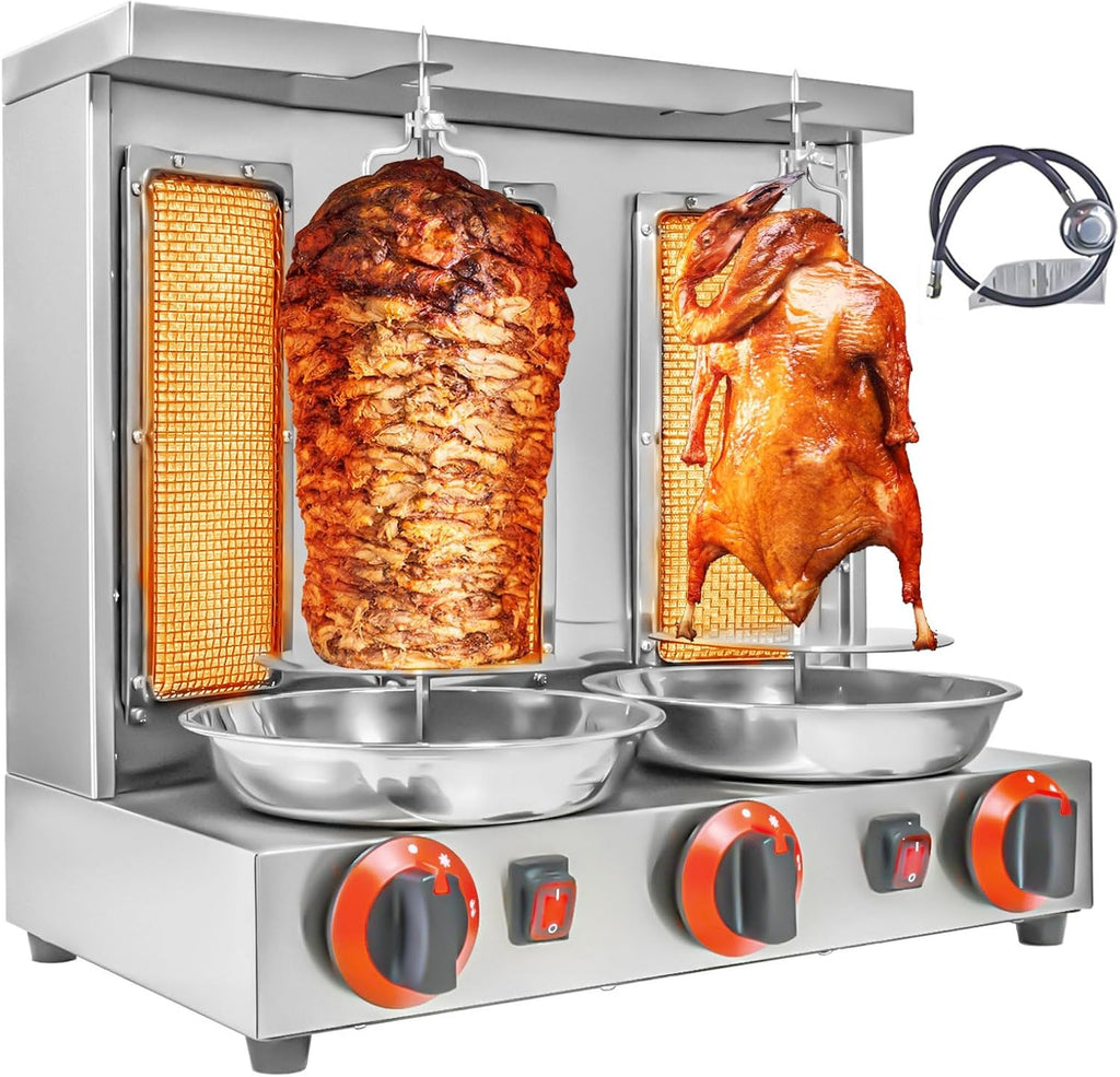 Shawarma Machine 3 Burners Kebab Grill Vertical Rotisserie with 2 Auto Spinning spits for Meat Rotisserie, Chicken Roast, Silver
