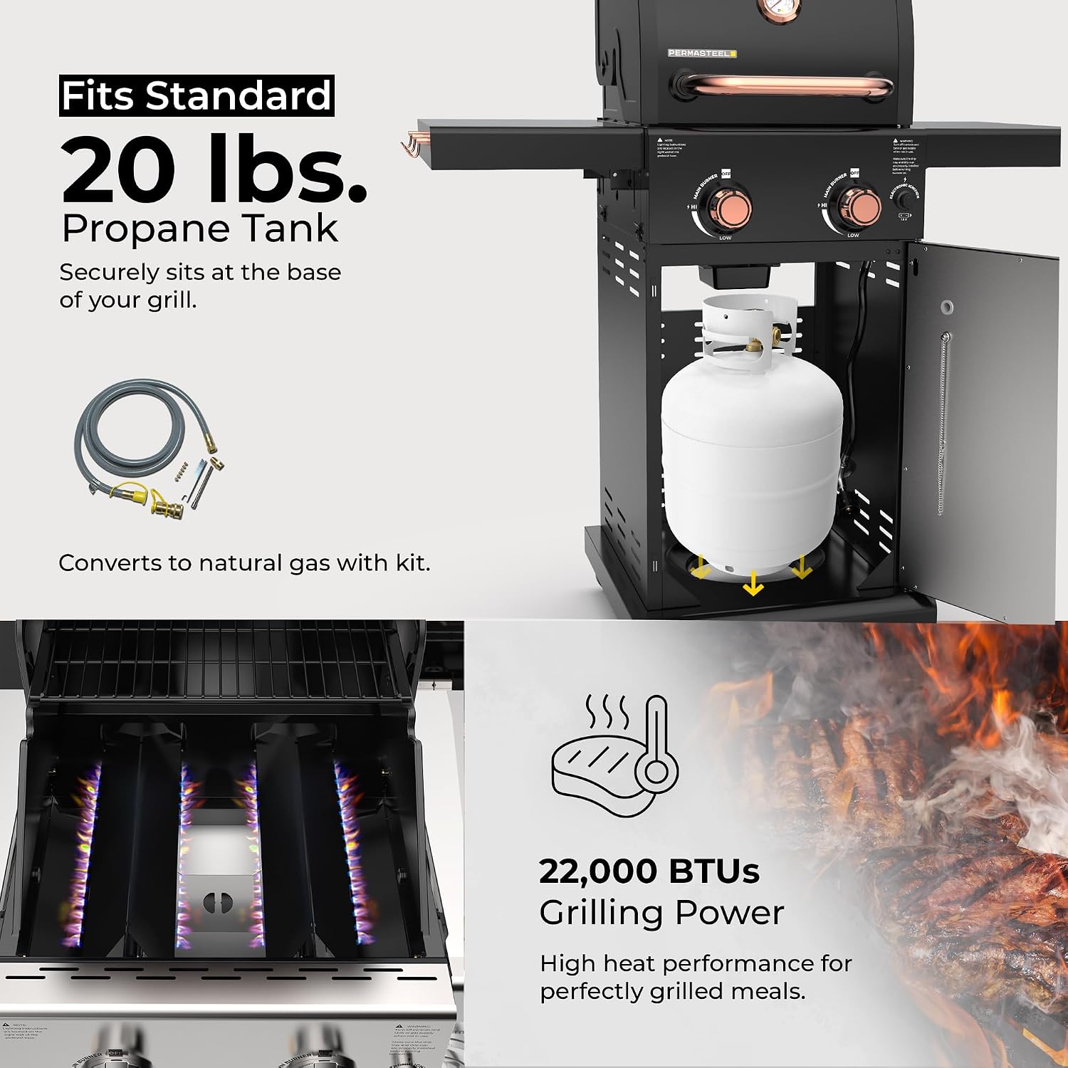 Permasteel 2-Burner Propane Gas Grill, BBQ Grill with Foldable Side Tables & Tool Hooks, Perfect for Outdoor Cooking, Patio & Garden, Black/Copper