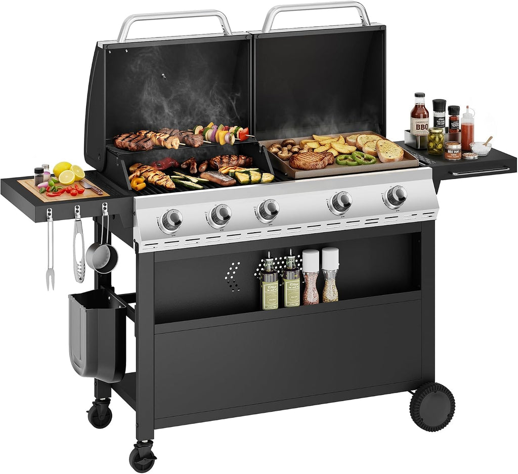 Sophia & William Propane Gas Grill and Griddle Combo with Porcelain-Enameled Cast Iron Grates, Dual Outdoor BBQ Grill with Flat Top Griddle for Barbecue, 696 SQ.IN. Cooking Area