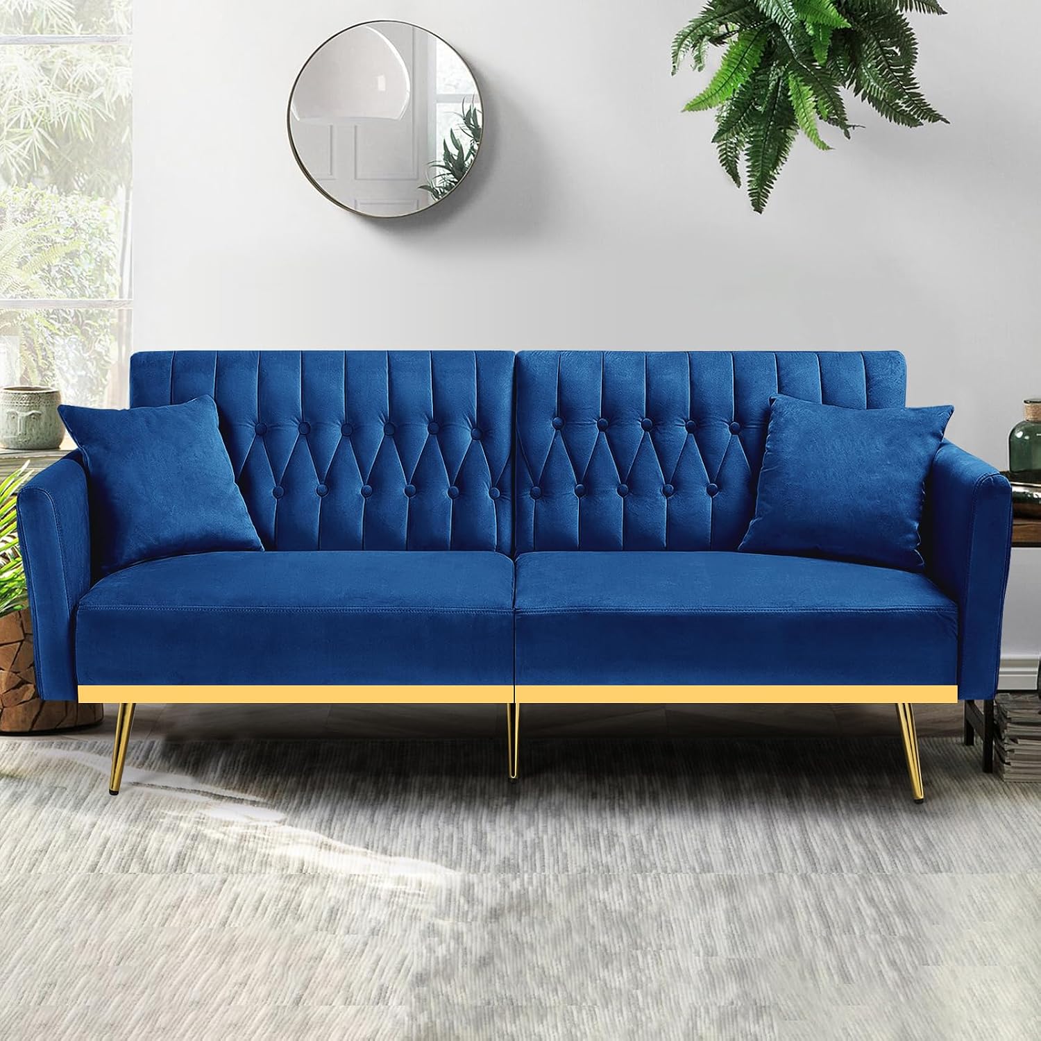 70' Velvet Futon Sofa Bed w/Adjustable Armrests and Backrest, Convertible Futon Couch w/2 Pillows, Modern Sleeper Bed for Living Room, Bedroom, Blue