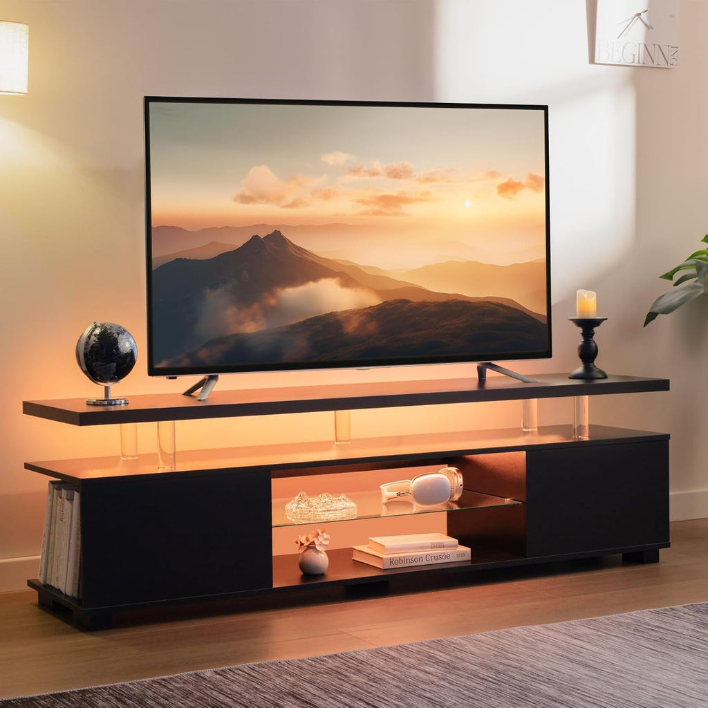Cubehom Black TV Stand,Glass TV Stands for Living Room,TV Stand for 75+ inch TV,Long TV Cabinet for Living Room,Bedroom,Home Office