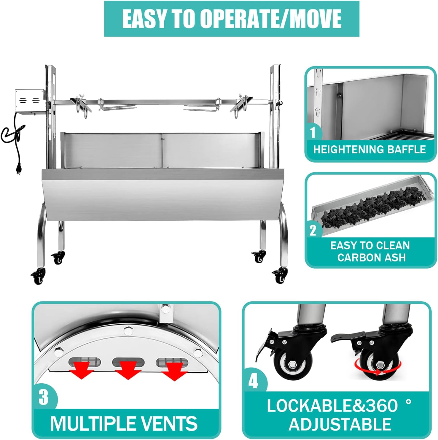 Rotisserie Grill Charcoal Spit Roaster, Stainless Steel 48.6' Pig Lamb Hooded Roaster Charcoal Spit With 25W Motor & Adjustable Height Lockable Casters For Party Barbecue,176 LBS With Baffle