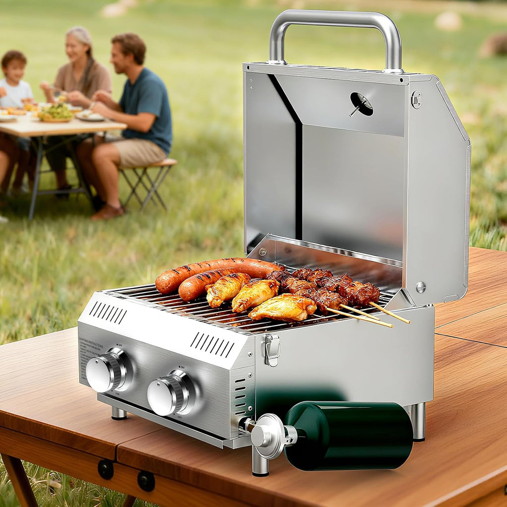Bestfire Tabletop Propane Gas Grill 2 Burners- Dual Connections, 20,000 BTUs Stainless Steel Portable Grill Fits Large Gas Cylinders and Small Canisters for Outdoor Camping and RV Trips