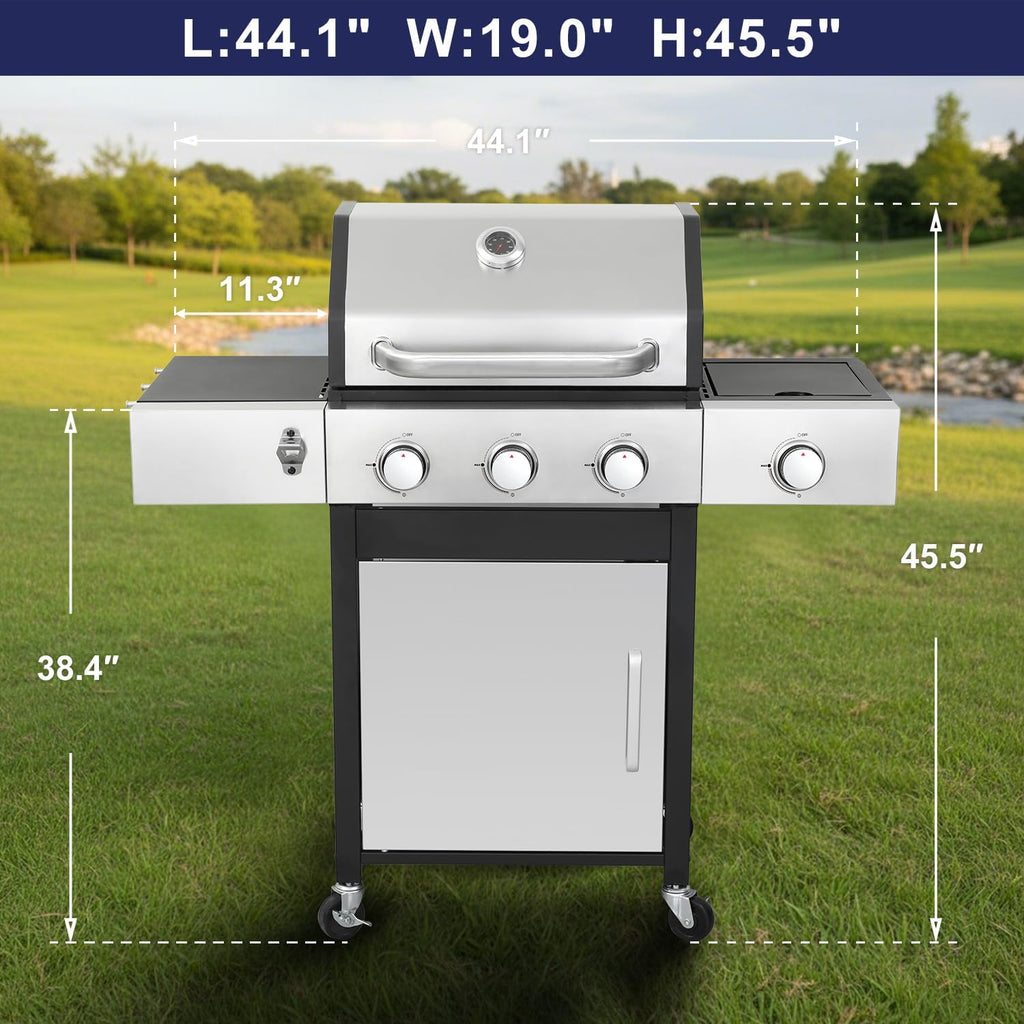 39,000 BTU 3+1 Burner Propane Gas Grill with Cast Iron Grids & Side Burner, Double-Wall Stainless Steel Lid – Even Heat, Easy Clean, Perfect for Backyard BBQ