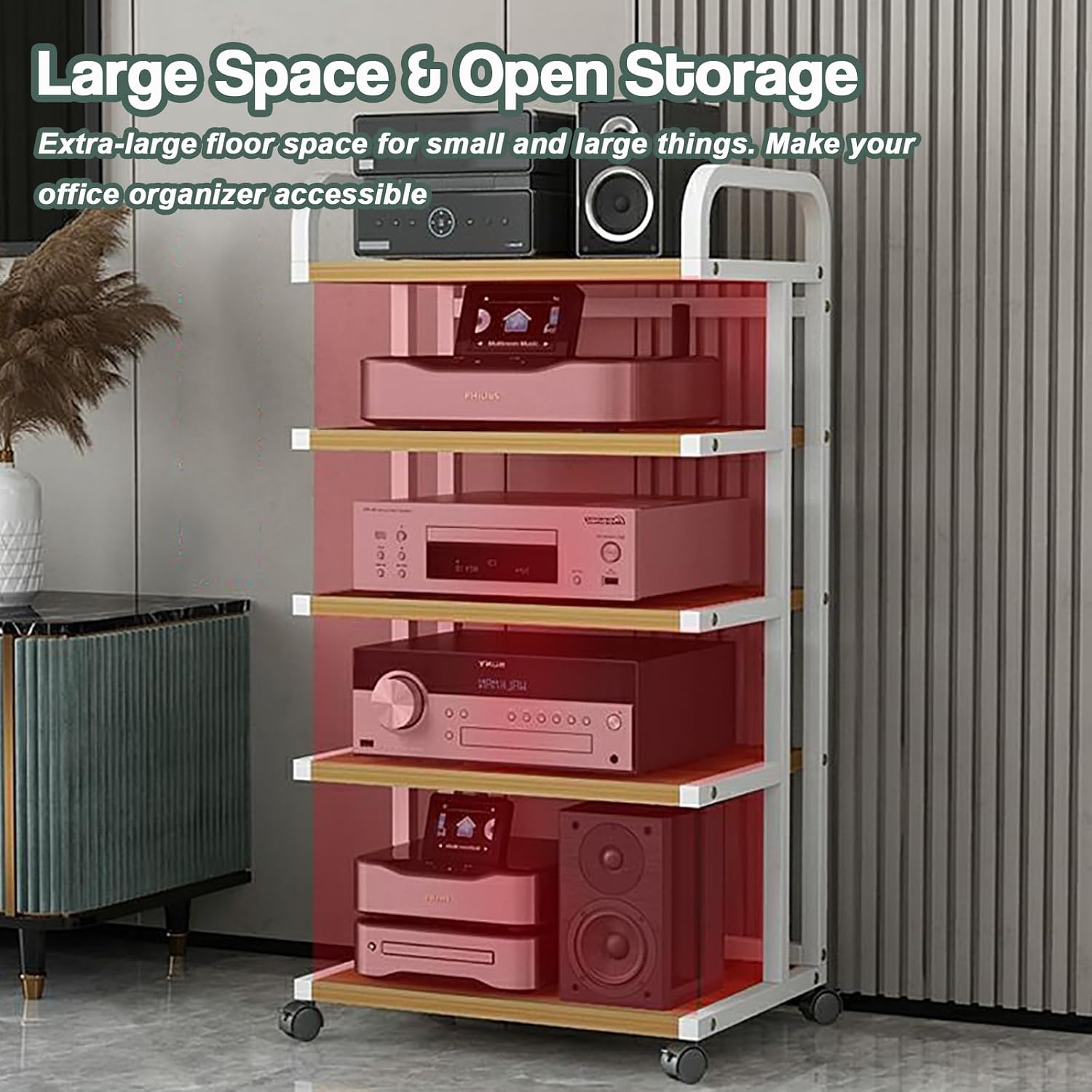 Movable AV Media Stand, 4-Tier Modern Audio Rack Storage Cabinet, Entertainment Center Shelving for Stereo Equipment, Natural Finish, Versatile Media Tower