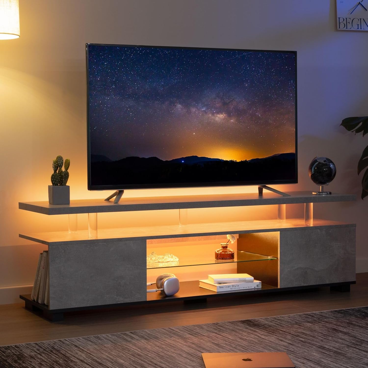 Cubehom Grey TV Stands for Living Room,Glass TV Stand, LED TV Stand for 75+ inch TV,Entertainment Center for Living Room,Bedroom,Home Office