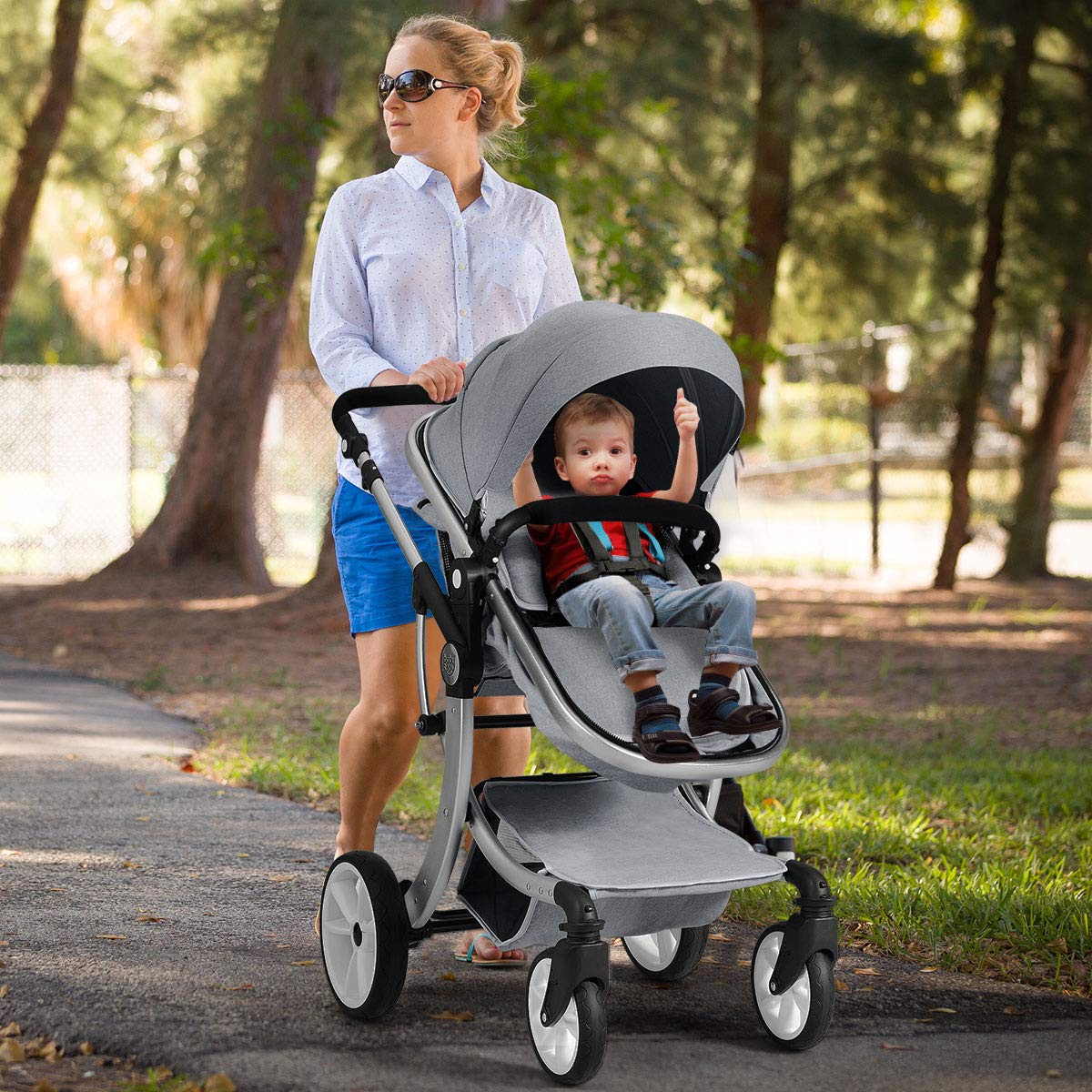 Honey Joy Baby Stroller, High Landscape Convertible Infant Bassinet Stroller, Adjustable Canopy & Backrest, Storage Basket, Foot Cover, Foldable Newborn Carriage Pram Stroller (Gray)