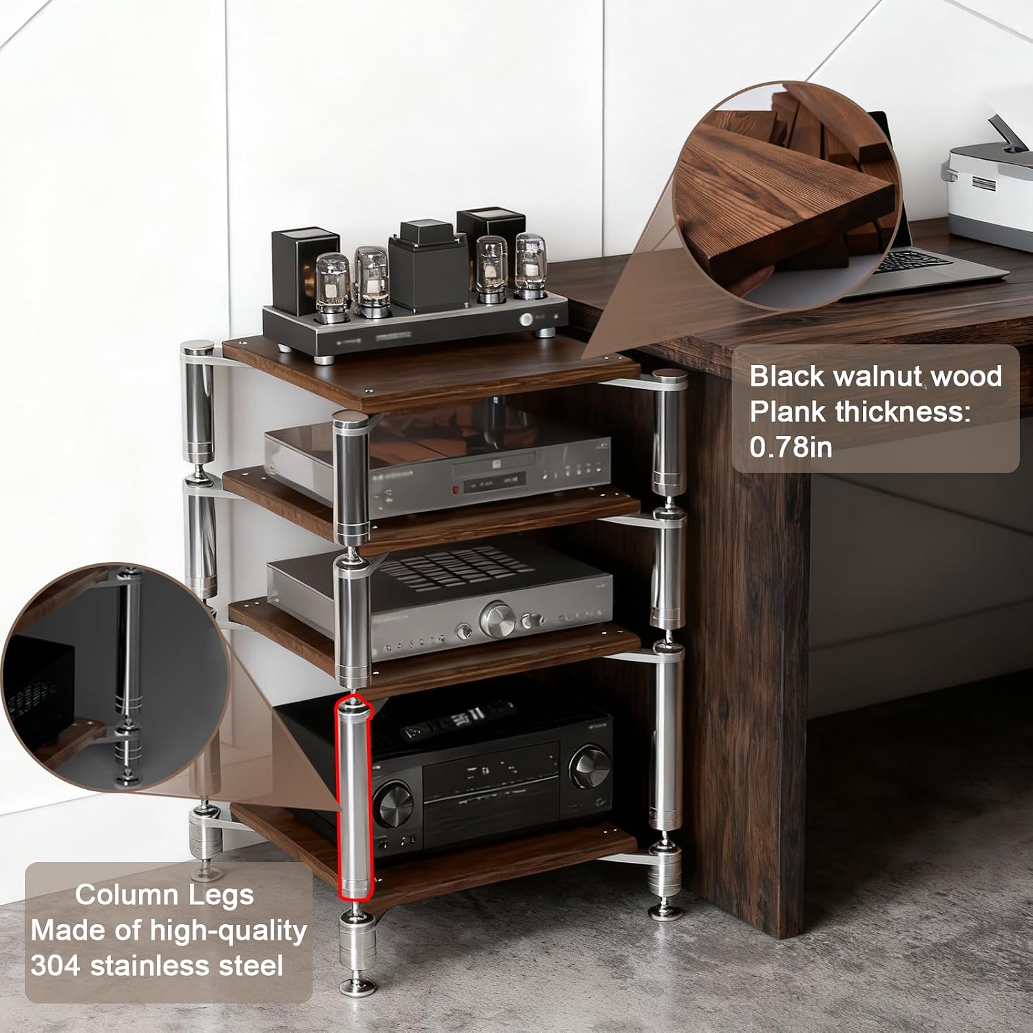 4-Tier AV Media Stand, Heavy Duty Audio Rack with Shock-Absorbing Foot pegs, Open Design av Stand, Multi-Layer Stereo Equipment Rack for Home, Office, Theater (Walnut, 4-Tiers)