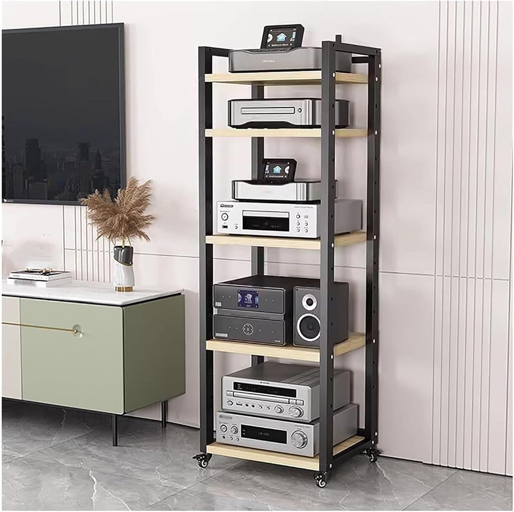 Wooden Audio Visual Shelf Stand 20in 24 Inch - Heavy Duty Stereo Cabinets with Adjustable Shelf - Audio Equipment Rolling Case with Wheels(5 tier-H161cm-W50cm)