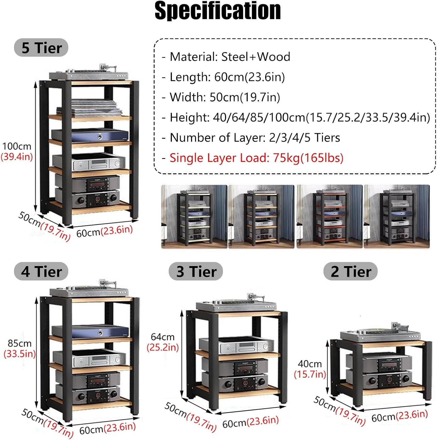 Audio Equipment Rack Cabinet, 5 4 3 2 Tier Av Component Media Stand Stereo Cabinet Audio-Video Tower with Non-Sip Foot Pad, Vertical Printer Holder(Deep Coffee,85cm (33.5in) High)