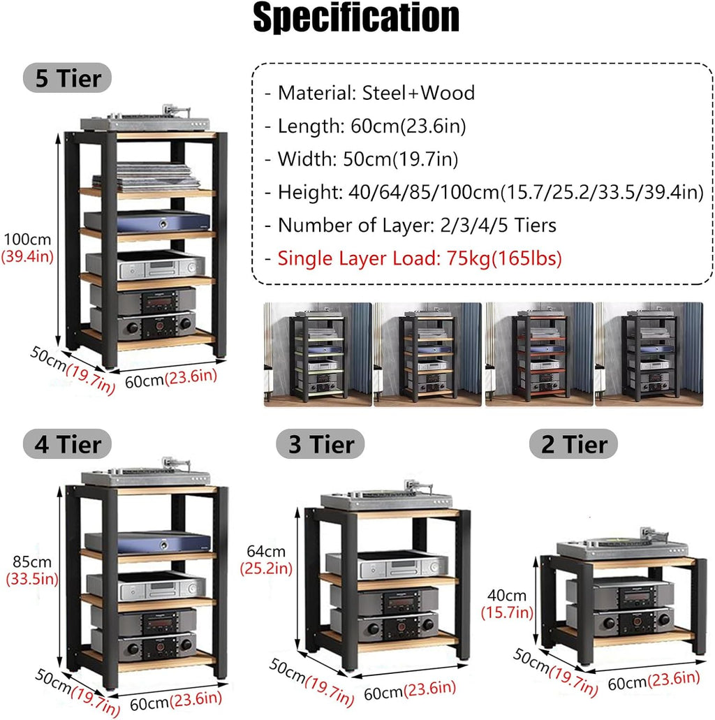 Audio Equipment Rack Cabinet, 5 4 3 2 Tier Av Component Media Stand Stereo Cabinet Audio-Video Tower with Non-Sip Foot Pad, Vertical Printer Holder(Light Coffee,64cm (25.2in) High)