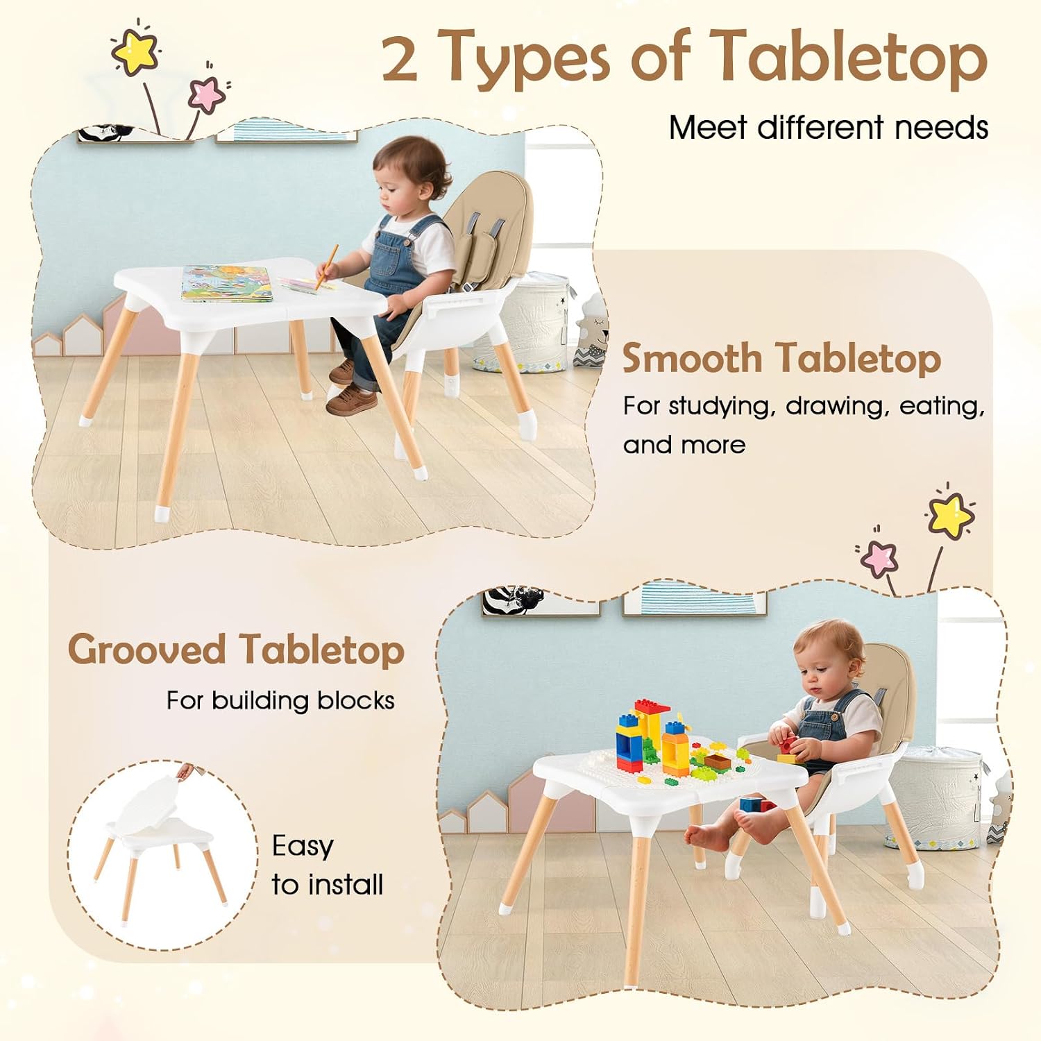 GLACER High Chair, 6-in-1 Convertible Wooden High Chairs for Babies and Toddlers w/Building Block Table, 5-Point Safety Harness, Removable Tray, PU Cushioned Baby High Chair for 6-36 Months (Khaki)