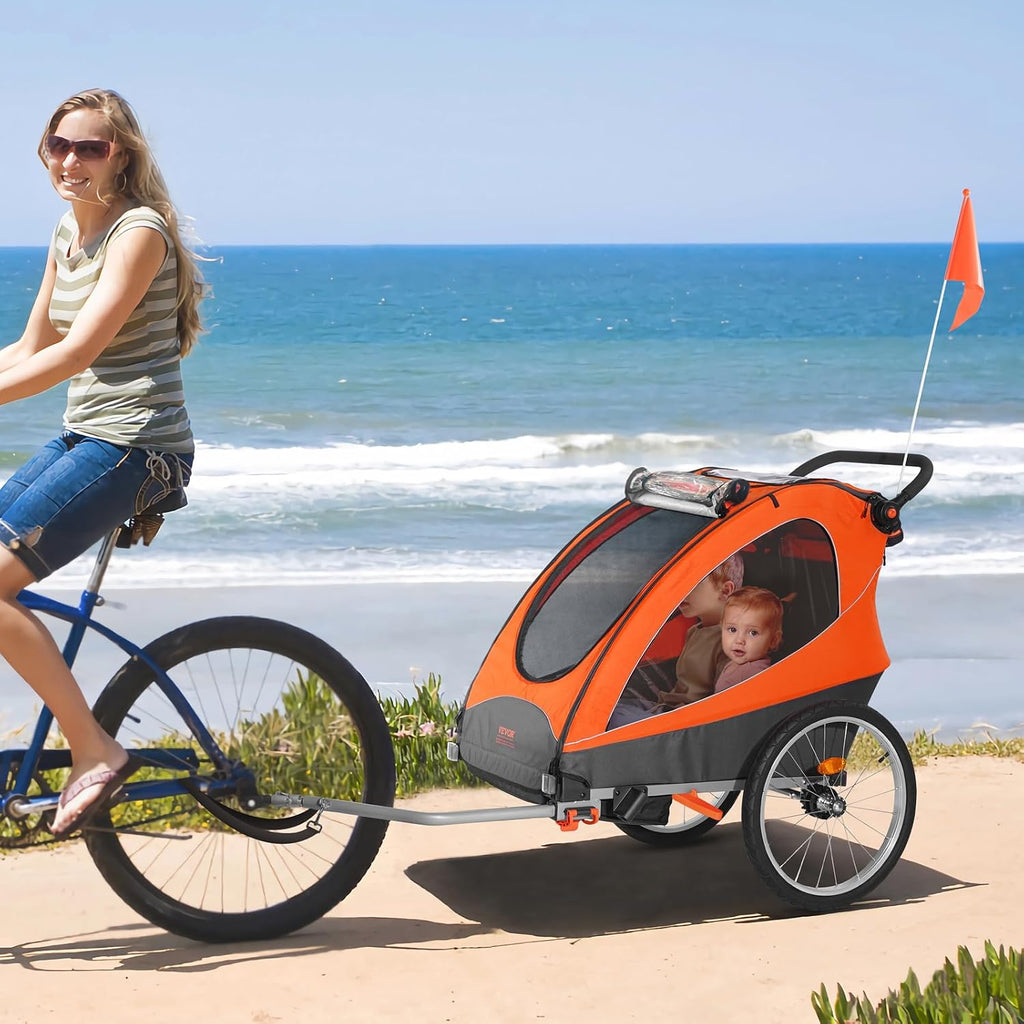 VEVOR Bike Trailer for Toddlers Kids, Single & Double Seat Options, 2-in-1 Canopy Carrier with Strong Frame Converts to Stroller, Tow Behind Foldable Child Bicycle Trailer with Universal Coupler