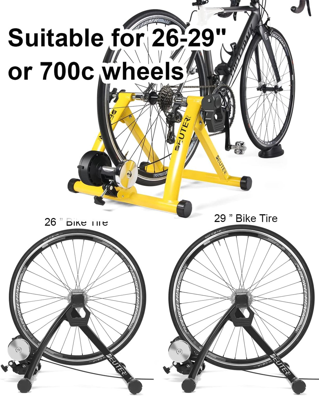 Bike Trainer, Magnetic Bicycle Stationary Stand for Indoor Exercise Riding, 26-29' & 700C Wheels, Quick Release Skewer & Front Wheel Riser Block Included