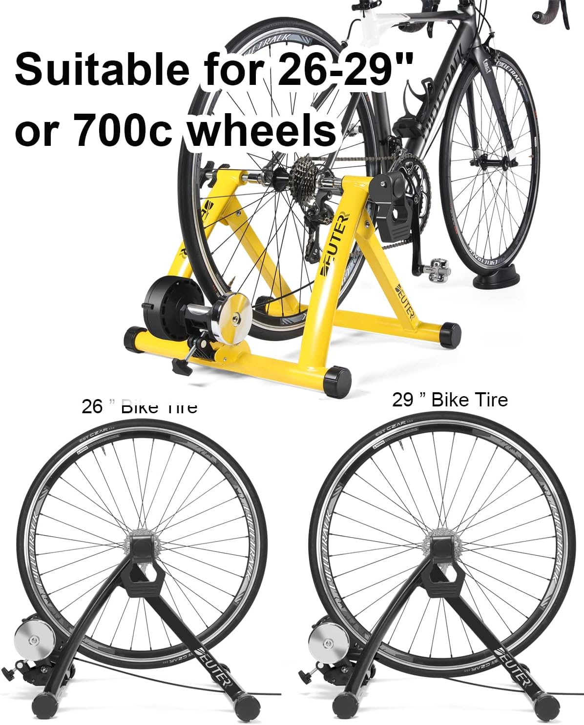 Bike Trainer, Magnetic Bicycle Stationary Stand for Indoor Exercise Riding, 26-29' & 700C Wheels, Quick Release Skewer & Front Wheel Riser Block Included