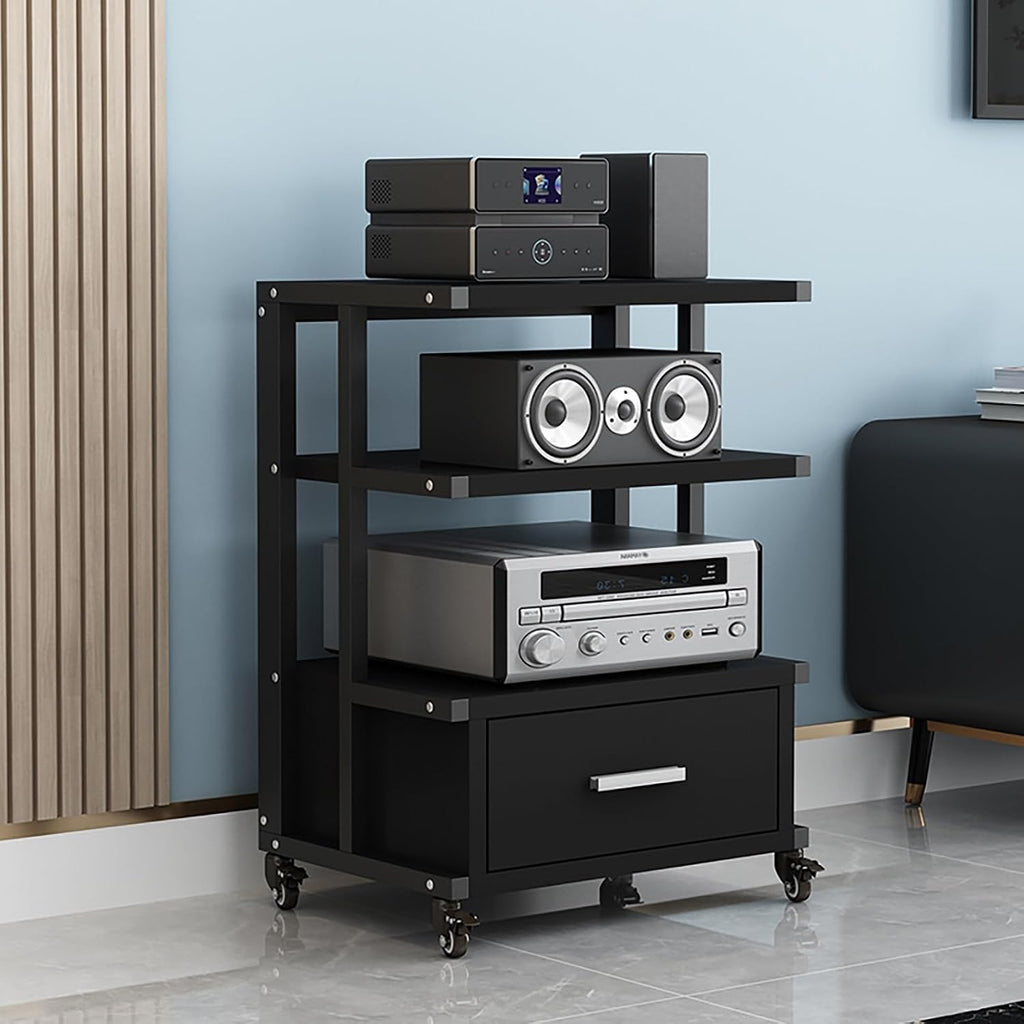 Media Storage Cabinet AV Media Stand 3-Tier Audio Component Rack, Corner Entertainment Center Equipment Console Shelf Thickened Steel Pipe, for Meeting Living(Black)