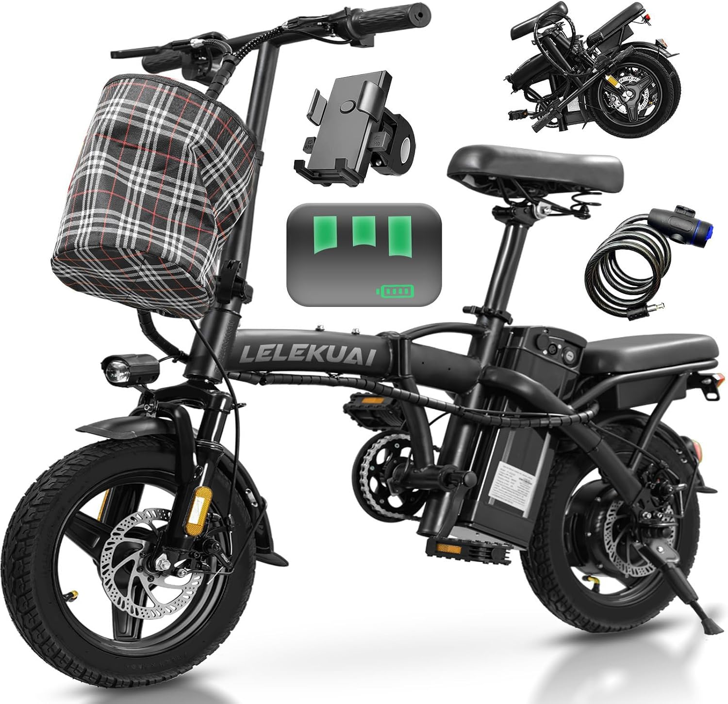 LELEKUAI Electric Bike for Adults and Teens, 520W-560W Motor, 20-24MPH, 32 Miles Range, 48V 10Ah Battery, 3-Level Pedal Assist, 14' Foldable Mini Electric Bicycle, UL 2849 Certified