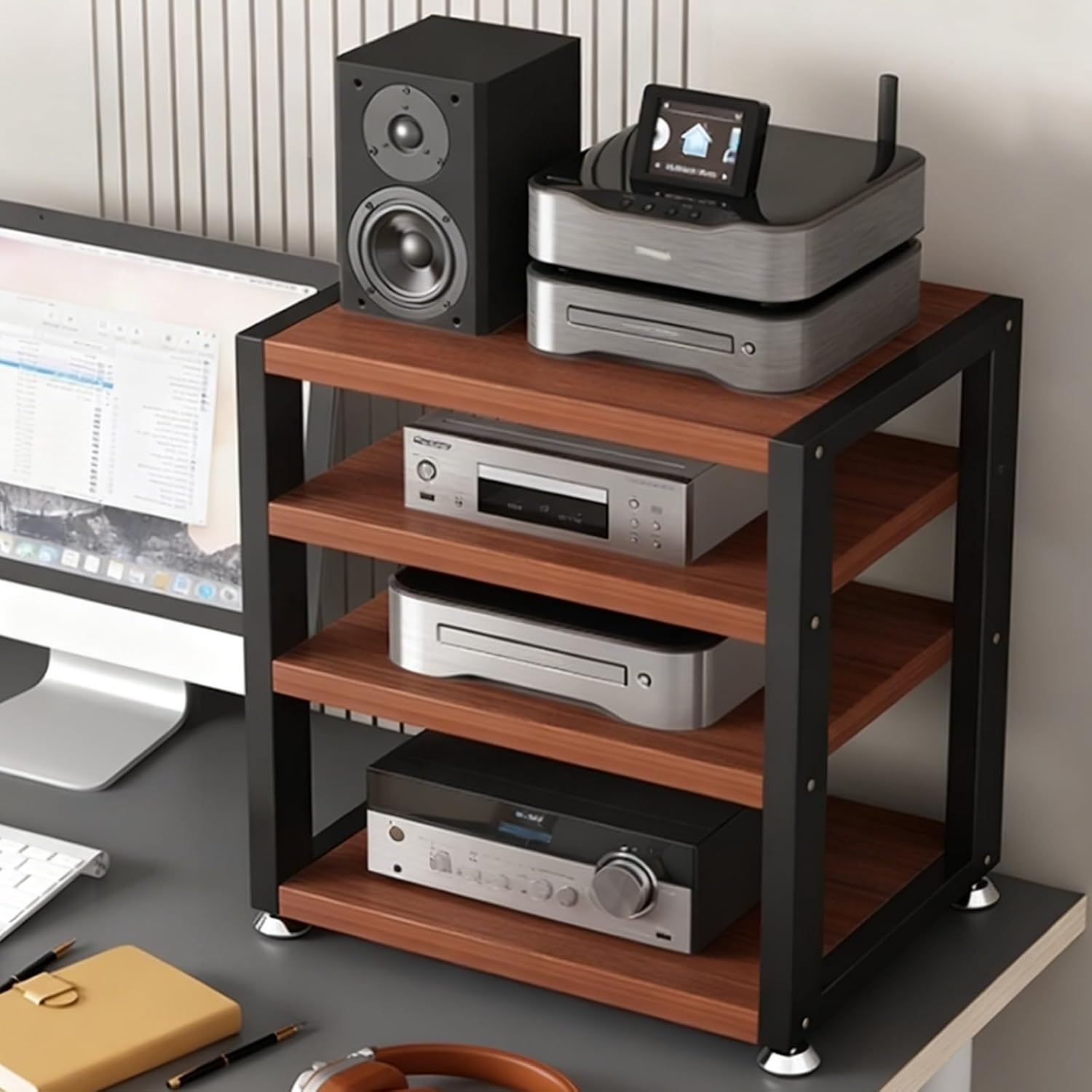 4-Tier Record Player Stand 48cm Tall, HiFi Amplifier Shelf Audio Rack Tower for Audio-Video CD Record Player Stereo Receiver AV Equipment(Black-A)