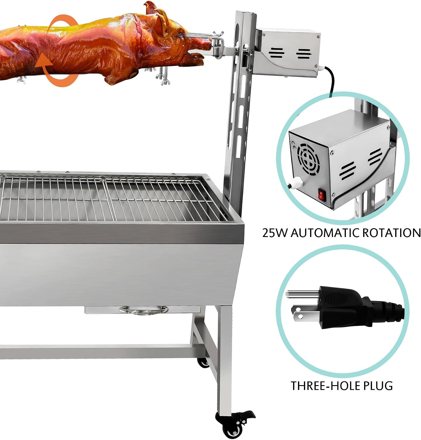 Rotisserie Grill Charcoal Spit Roaster, Stainless Steel 37' Pig Lamb Hooded Roaster Charcoal Spit With 25W Motor & Adjustable Height Lockable Casters For Party Barbecue,132 LBS Without Baffle