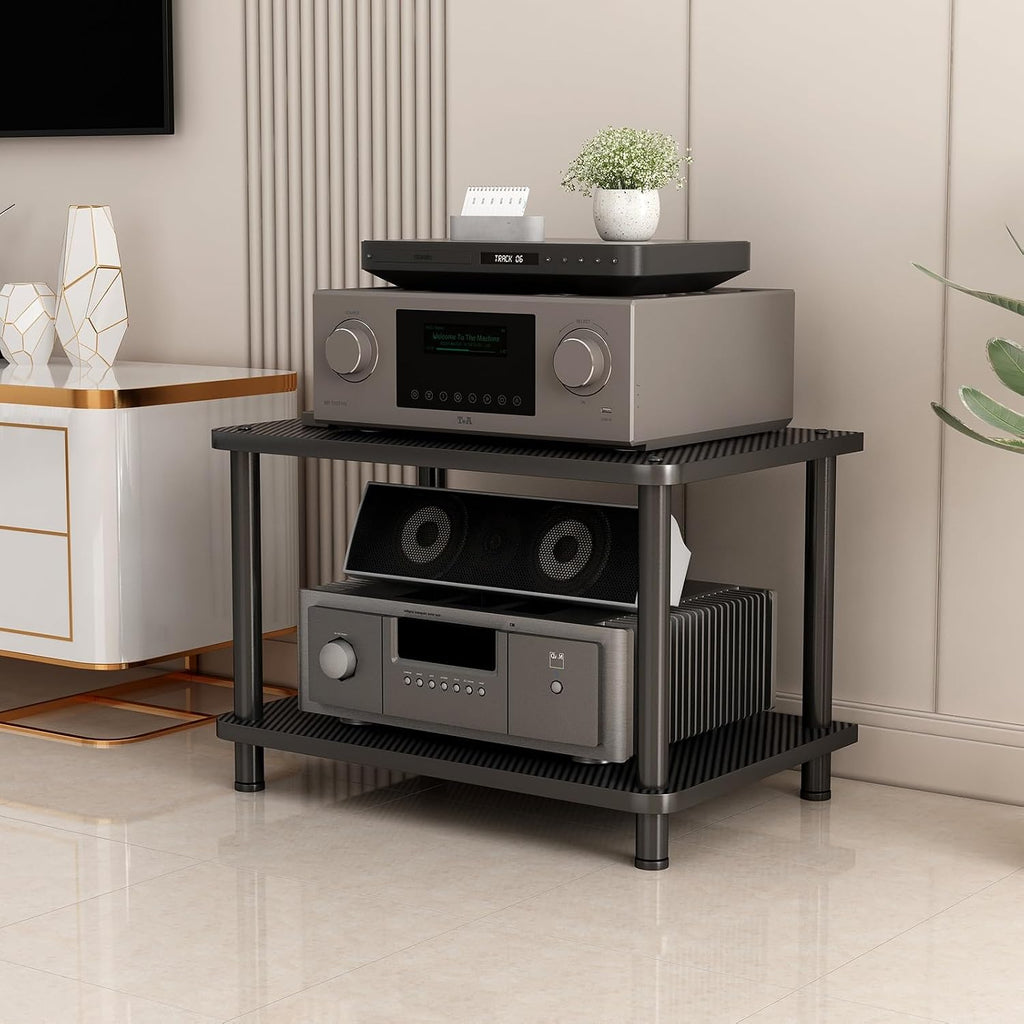 Floor-Standing 2 Tier AV Media Stand, Audio Rack Tower, TV Game Console Equipment Shelf, CD Record Player Stereo Component Rack Cabinet for Home Theater Studio(Carbon Fiber,60x40x42.5cm)