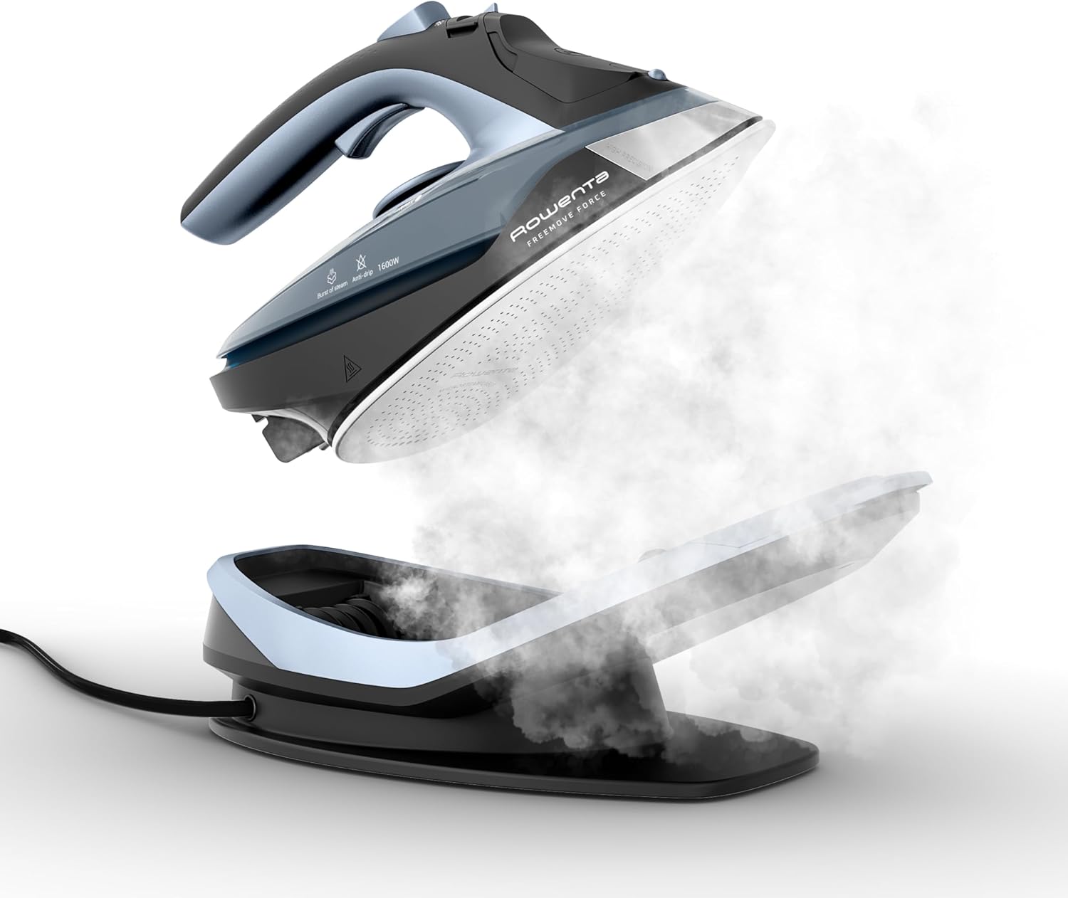 Rowenta Freemove Cordless Iron with Steam, 1600 Watts, Stainless Steel Soleplate, Rapid Heating, Portable Steamer for Clothes, Rechargeable for Wireless Ironing, Handheld Steamer Iron, Blue, DE6730