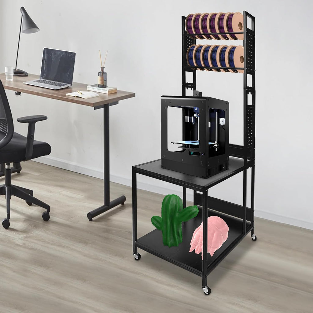 3D Printer Stand with Filament Storage, Heavy Duty 2-Tier Mobile Printer Table with Wheels, 110Lbs Capacity 3D Printer Table with Filament Spool Holder Rack for Workshop Studio Office Home (Black)