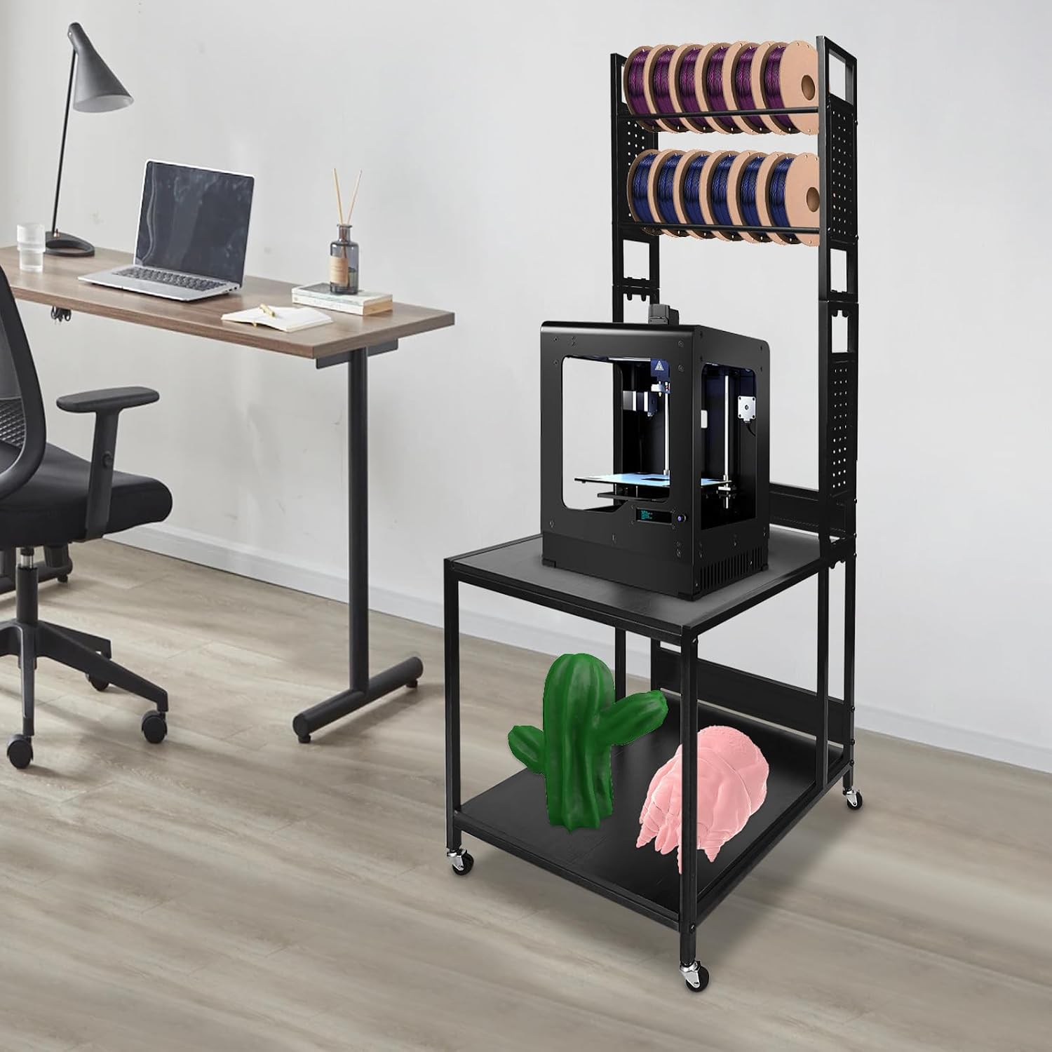 3D Printer Stand with Filament Storage, Heavy Duty 2-Tier Mobile Printer Table with Wheels, 110Lbs Capacity 3D Printer Table with Filament Spool Holder Rack for Workshop Studio Office Home (Black)