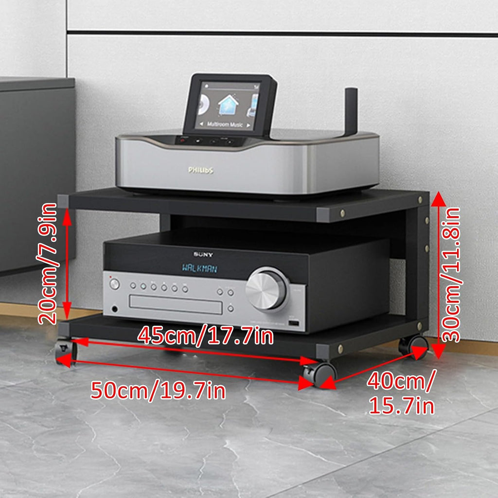 Modern 2-Tier AV Media Stand with Wheels - Adjustable Wooden Shelves, Corner Shelf Media Console Cabinet for Stereo & Storage (Deep Black, 50x40x)